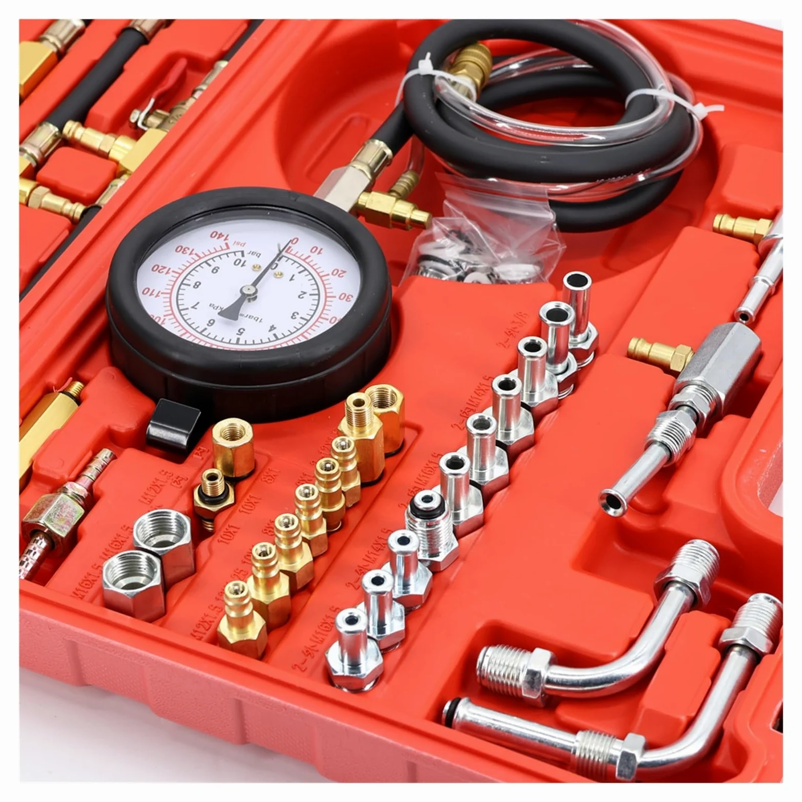 Kit de comprobador presión inyección Combustible for automóvil, 0-140 PSI, Juego Herramientas for Bomba Sistema automático, for Gasolina Motor