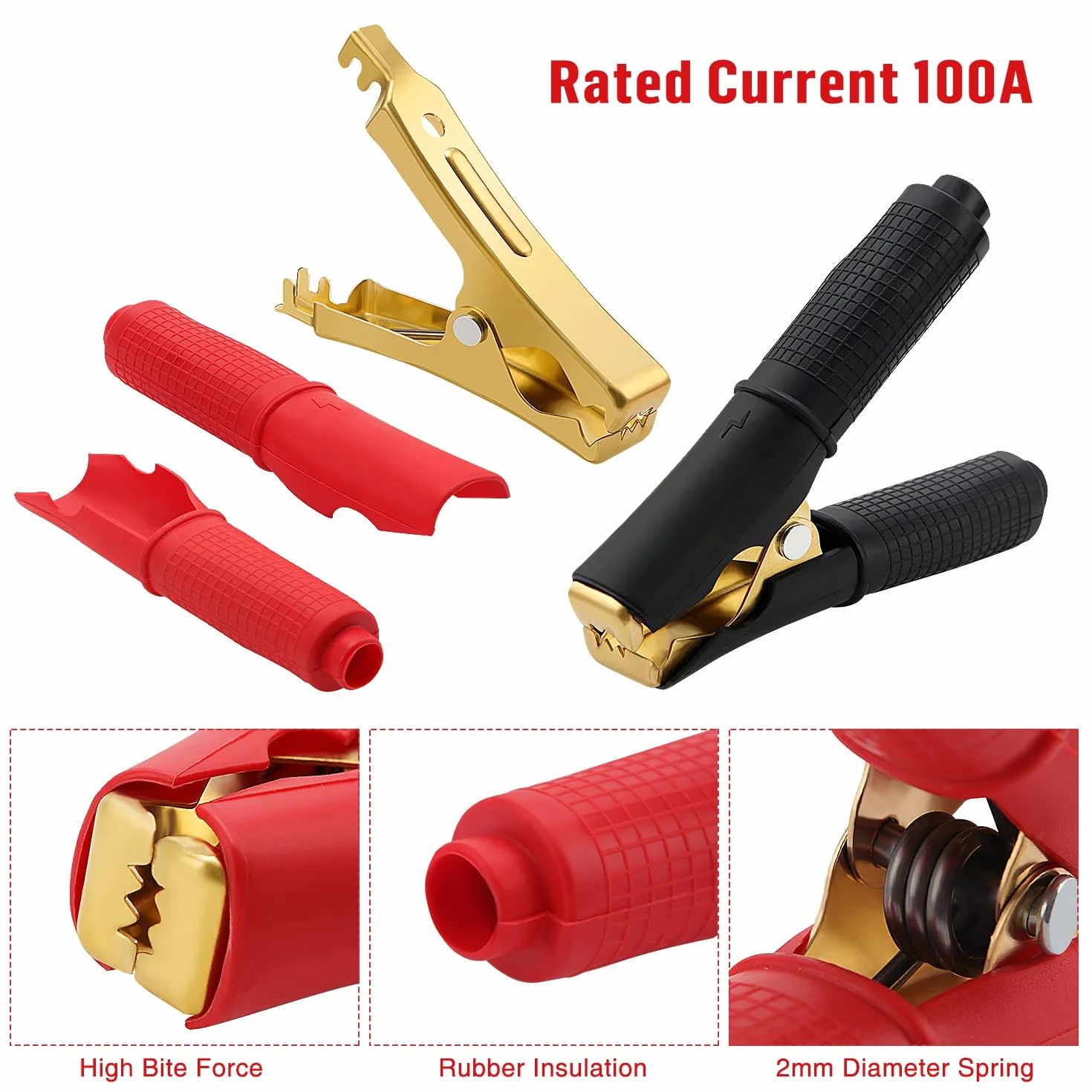 VooGenzek 4 Piezas 100A Pinzas de Cocodrilo, Clips de Cocodrilo Aislados, Abrazaderas de Carga de Cobre Puro, para Cable de Carga de Coche (90mm, Rojo + Negro)