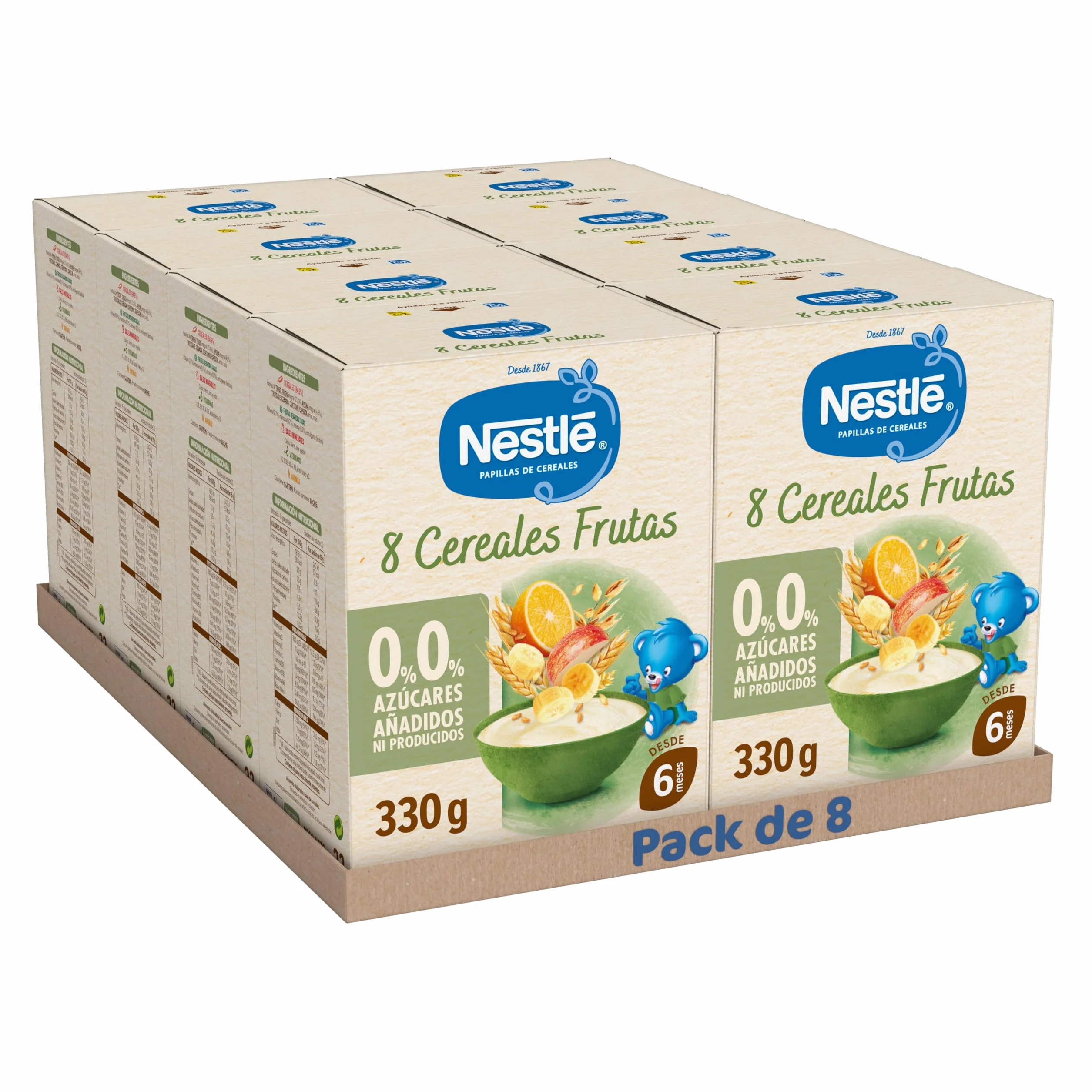 NESTLÉ Papilla 8 Cereales con Fruta 330g, sin azúcares añadidos, pack de 8