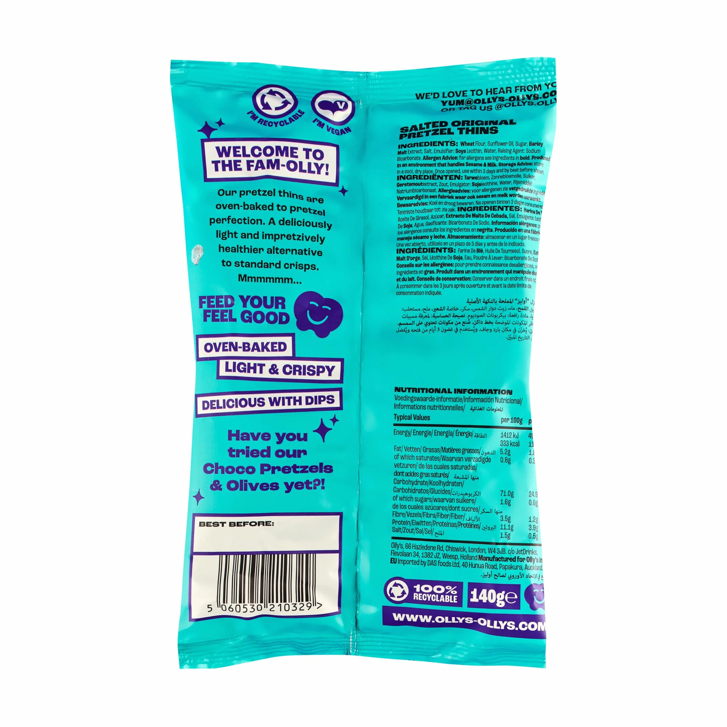 Olly's Pretzels horneados y salados Veganos Snacks Saludables Bolsa 140g