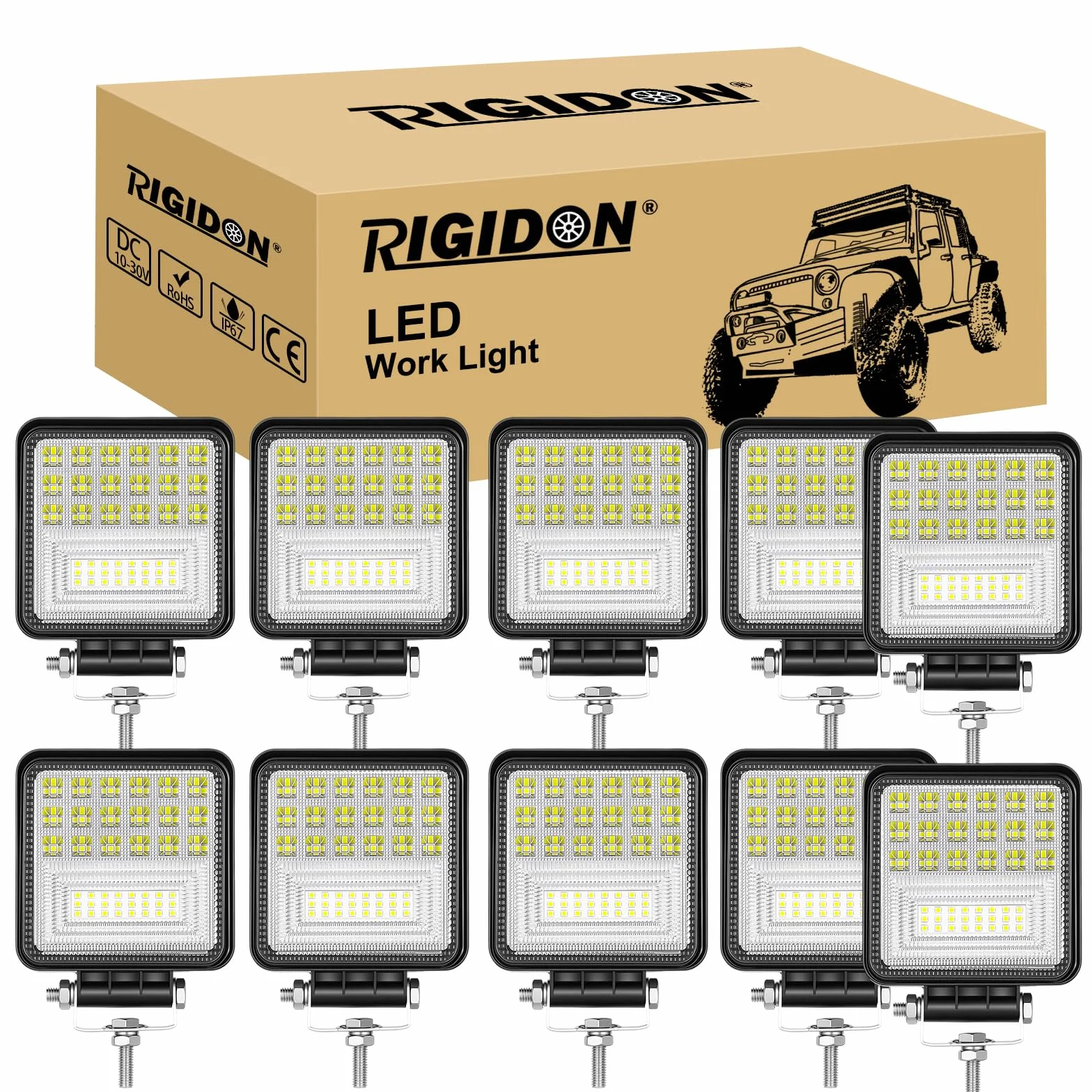 RIGIDON 10 Pcs Faro de trabajo rectangular, 4 pulgadas 126W, Spot Flood Combo lámpara trabajo led para off road camión coche ATV SUV 4x4 Tractor, Faros trabajo led 12v 24v Spotlights faros antiniebla
