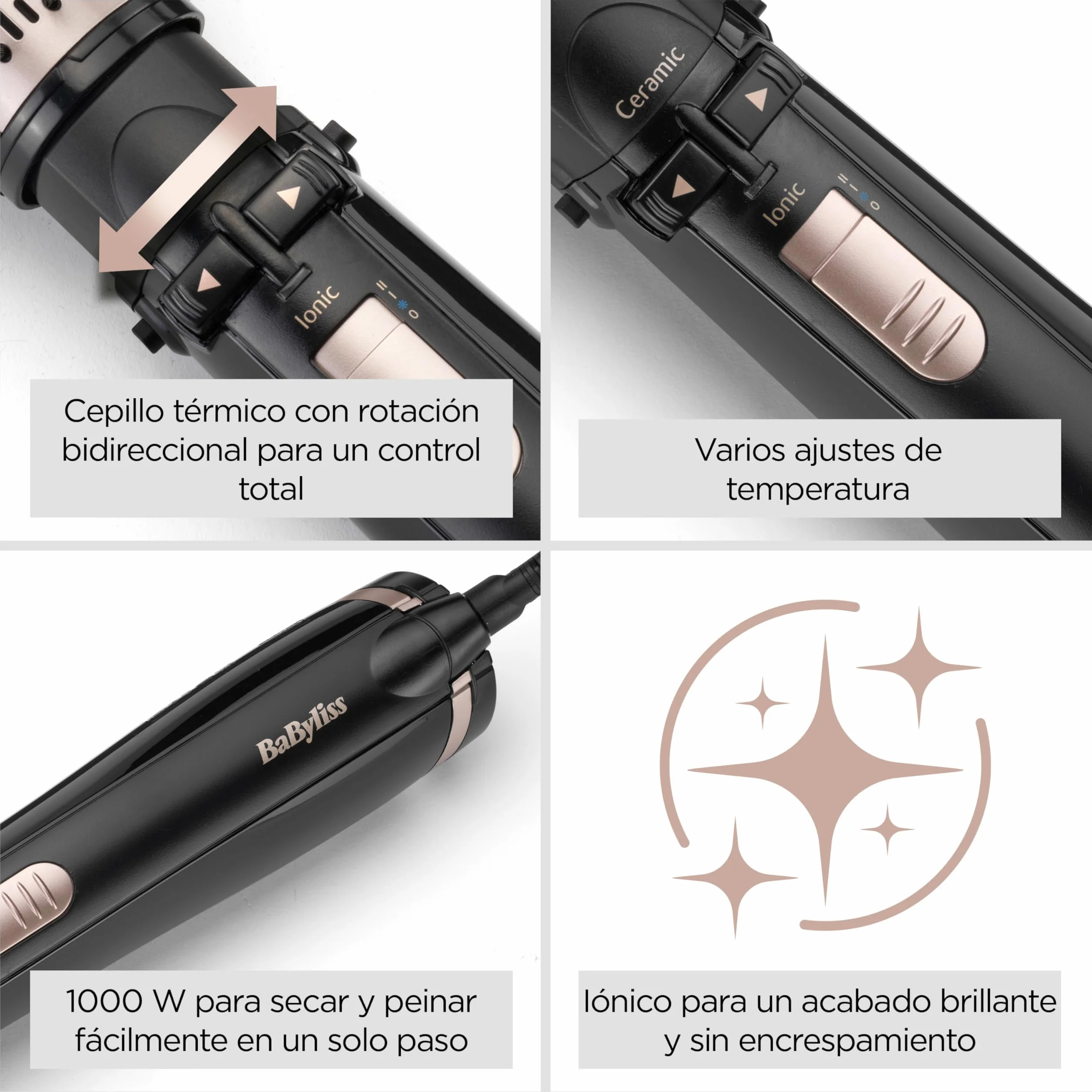 BaByliss AS200E Cepillo Rotatorio de Aire Styler Iónico con 4 Accesorios Secador Alisador Voluminizador Negro