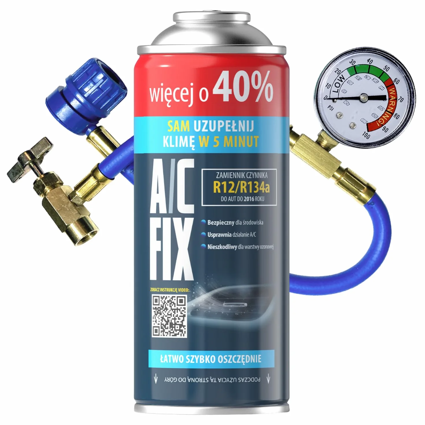 Recambio gas R134a R12 con manguera - manometro – Kit recarga aire acondicionado coche 1x235 g - Sustituto del refrigerante R134a - Gas aire acondicionado coche - ECO