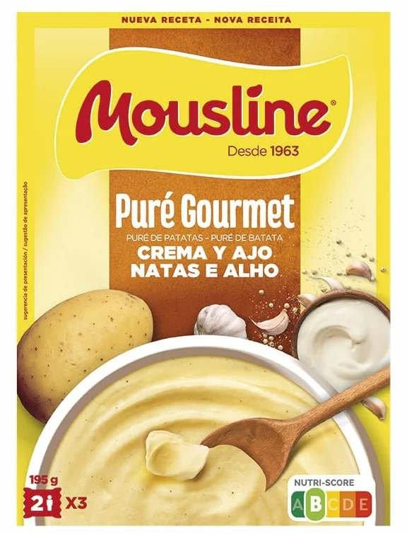 Puré de Patata Deshidratado Mousline, Crema de Leche, Ajo y Especias, Sin Gluten, 195g