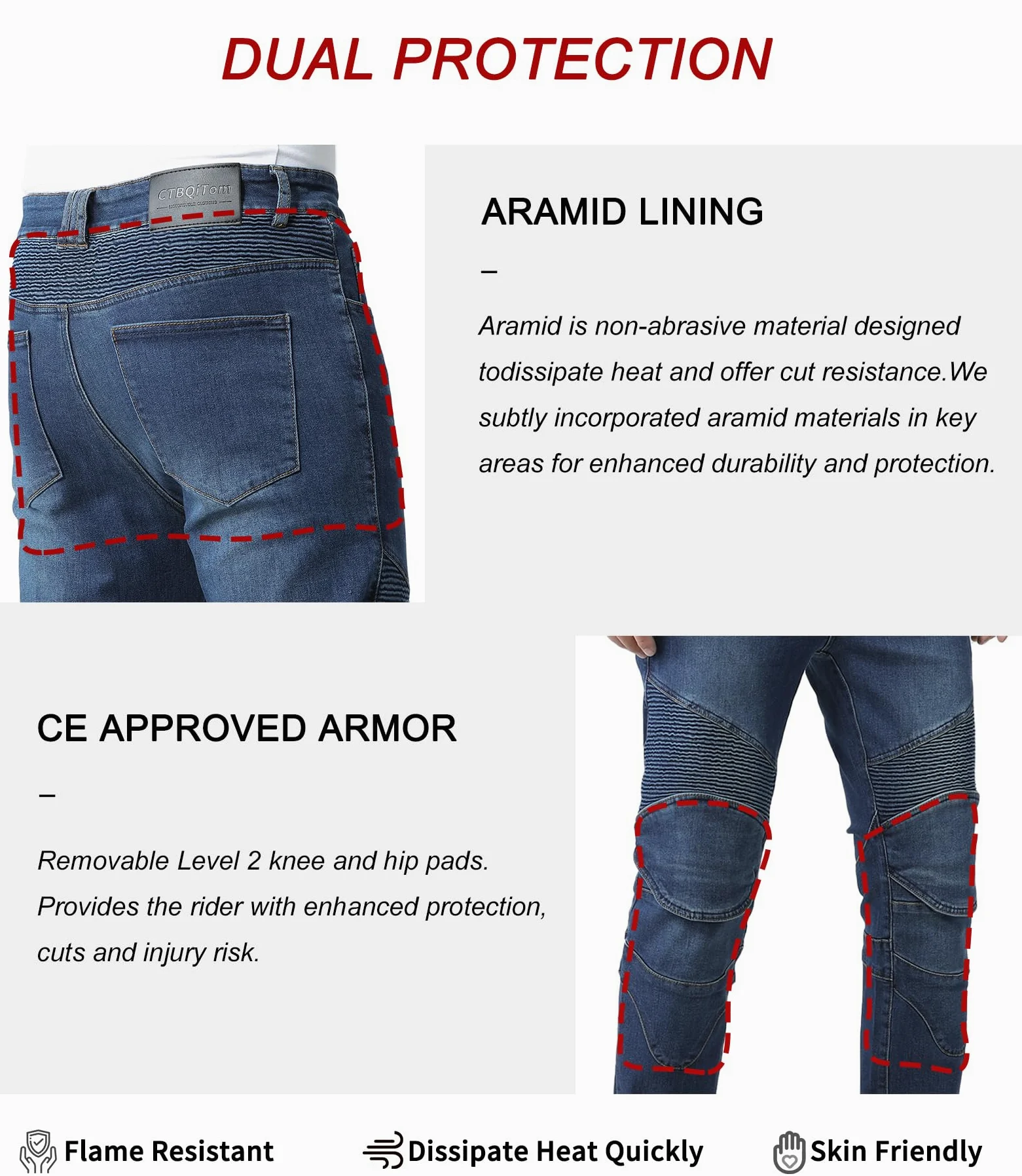 CTBQiTom Vaqueros de Moto para Hombre con Fibra de aramida y protección CE, Tejido Vaquero elástico para Mayor Comodidad