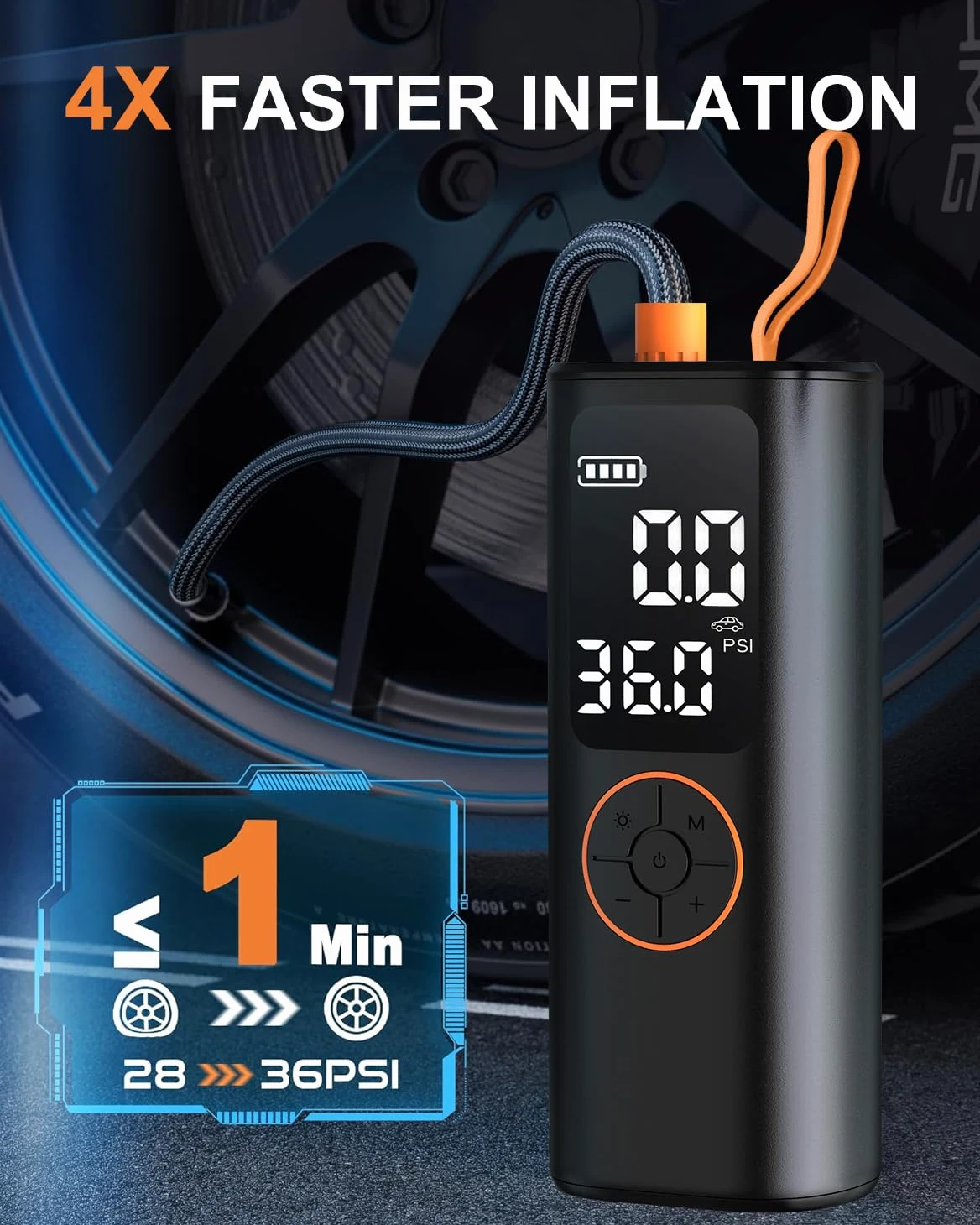 Compresor de aire portátil para inflador de neumáticos, mini bomba de aire inalámbrica de inflado 4 veces más rápido con manómetro digital con medidor de presión digital/luz LED, inflador portátil de