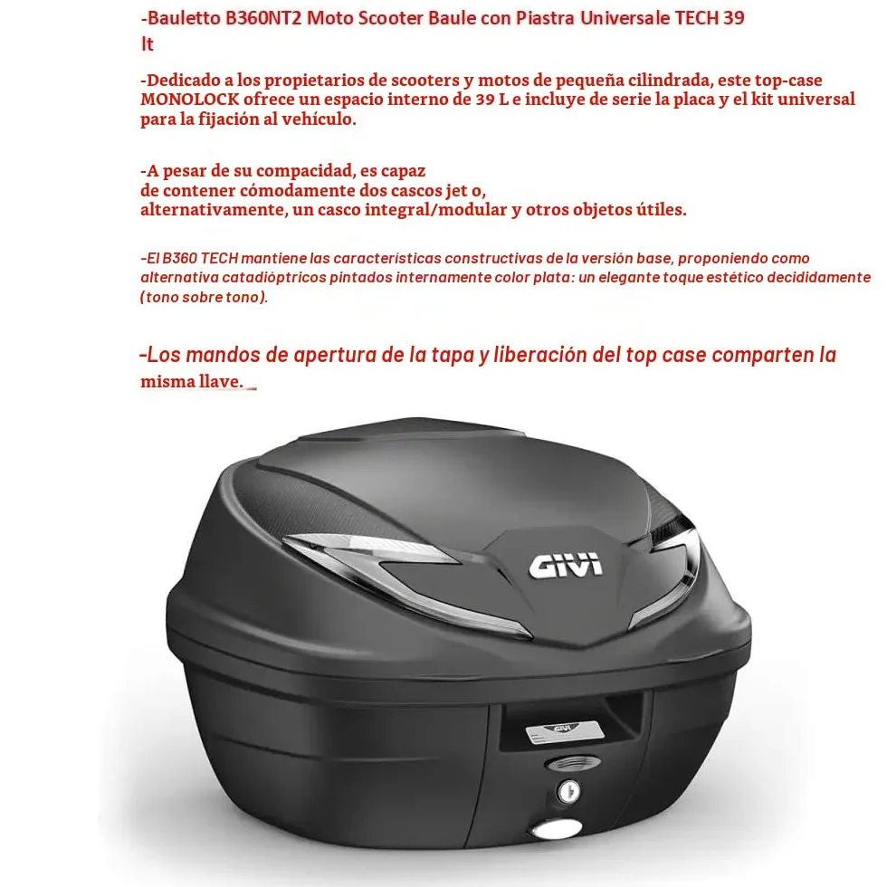 Compatible con Yamaha X-MAX 125 BAÚL Top Case B360NT2 Tech Maleta DE 39 litros+Kit DE FIJACIÓN AL PORTAEQUIPAJES Trasero DE Motocicleta TOPCASE+Placa para 2 Cascos