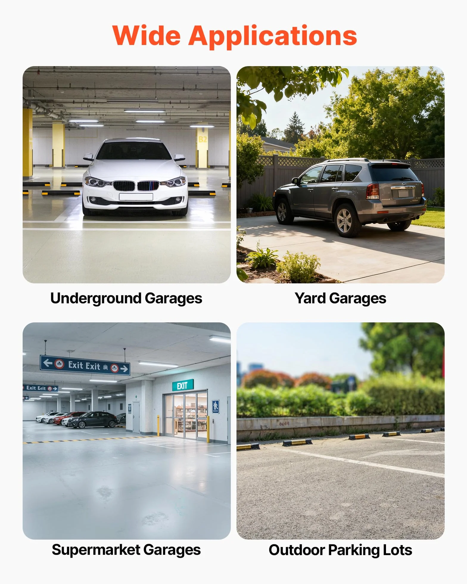 VEVOR Topes de Estacionamiento, 2 uds, Ayuda para Aparcar en Garajes, Limitador de Plaza de Aparcamiento con Bandas Reflectantes, PP, para Coches, Furgonetas y Camiones, 406 x 95 x 45 mm, Negro