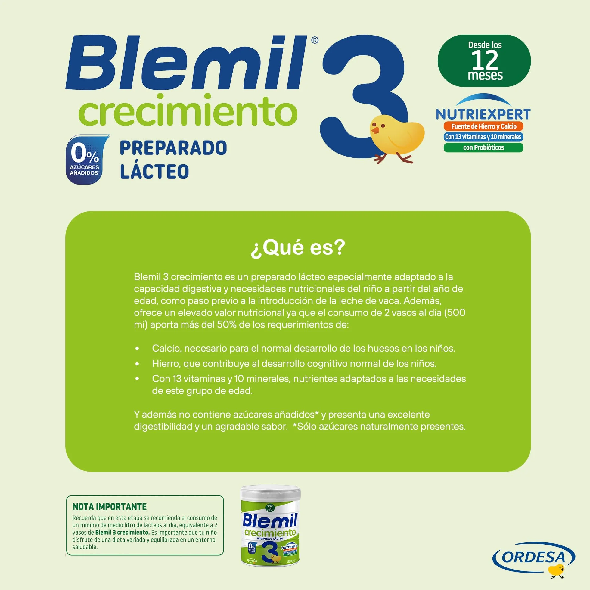 Blemil 3 Crecimiento 0% Azúcares Añadidos 800g Preparado Lácteo en polvo para Niños 1-3 Años