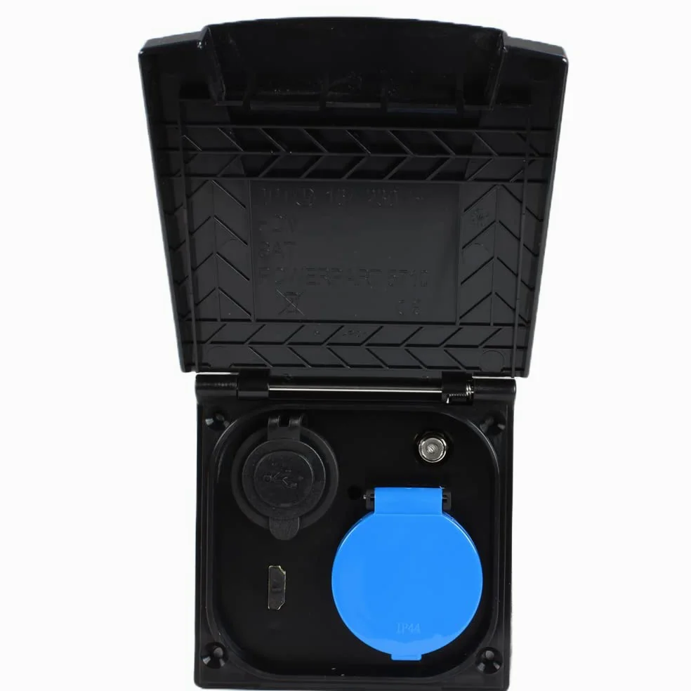 Enchufe exterior multifunción para autocaravana, caravana, camper, 220 V, 230 V, antena satélite, USB, HDMI, color negro