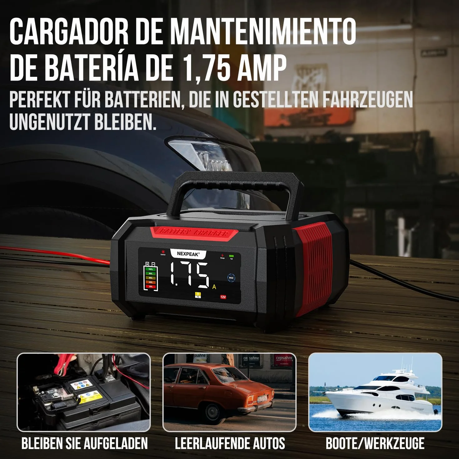 15A Cargador de Batería de Coche, NEXPEAK NC315 12V 24V LiFePO4 Cargador de Batería de Coche Portátil 9-Etapas Batería Inteligente para Coche, Camión, Moto, Cortacésped, Barco, Marina