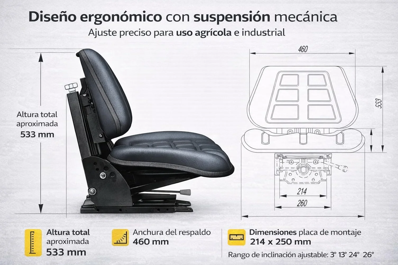 ASIENTO UNIVERSAL TRACTOR PVC NEGRO RM30 | Para Maquinaría Agrícola, Excavadoras, Maquinas Industriales, Maquina Ganadera, Motos Agrícolas, Asiento Segadora, Montacargas, Carretillas Elevadoras