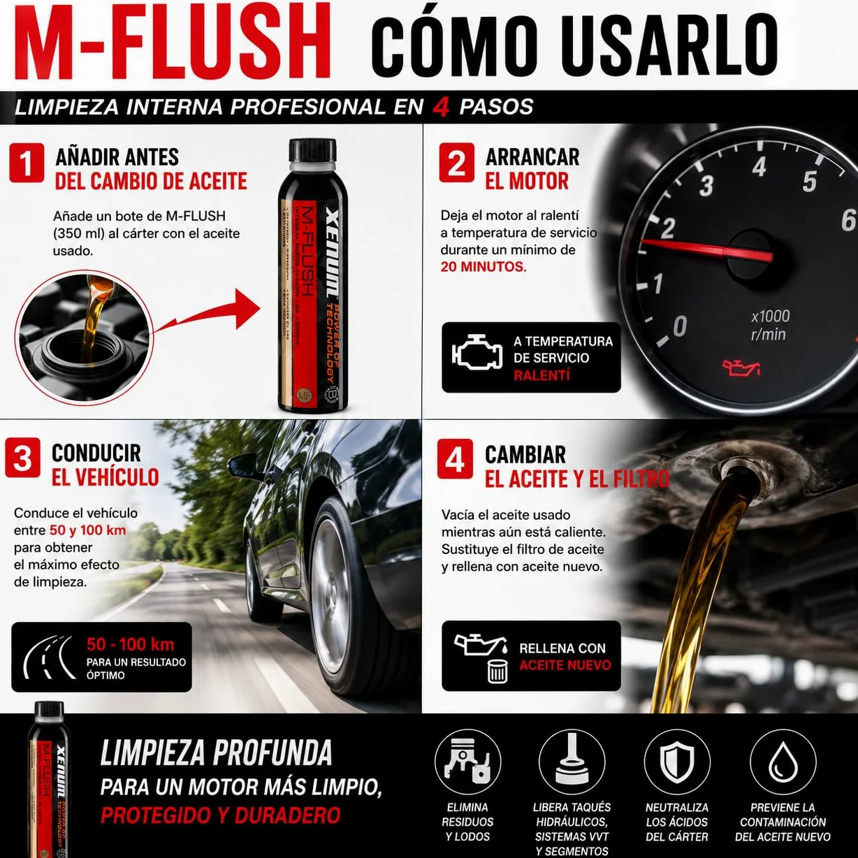 Xenum M-Flush Limpiador Interno de Motor 350 ml | Limpieza del Sistema de Lubricación Antes del Cambio de Aceite | Sin Disolventes | Diésel y Gasolina | Aceites Minerales, Semisintéticos y Sintéticos