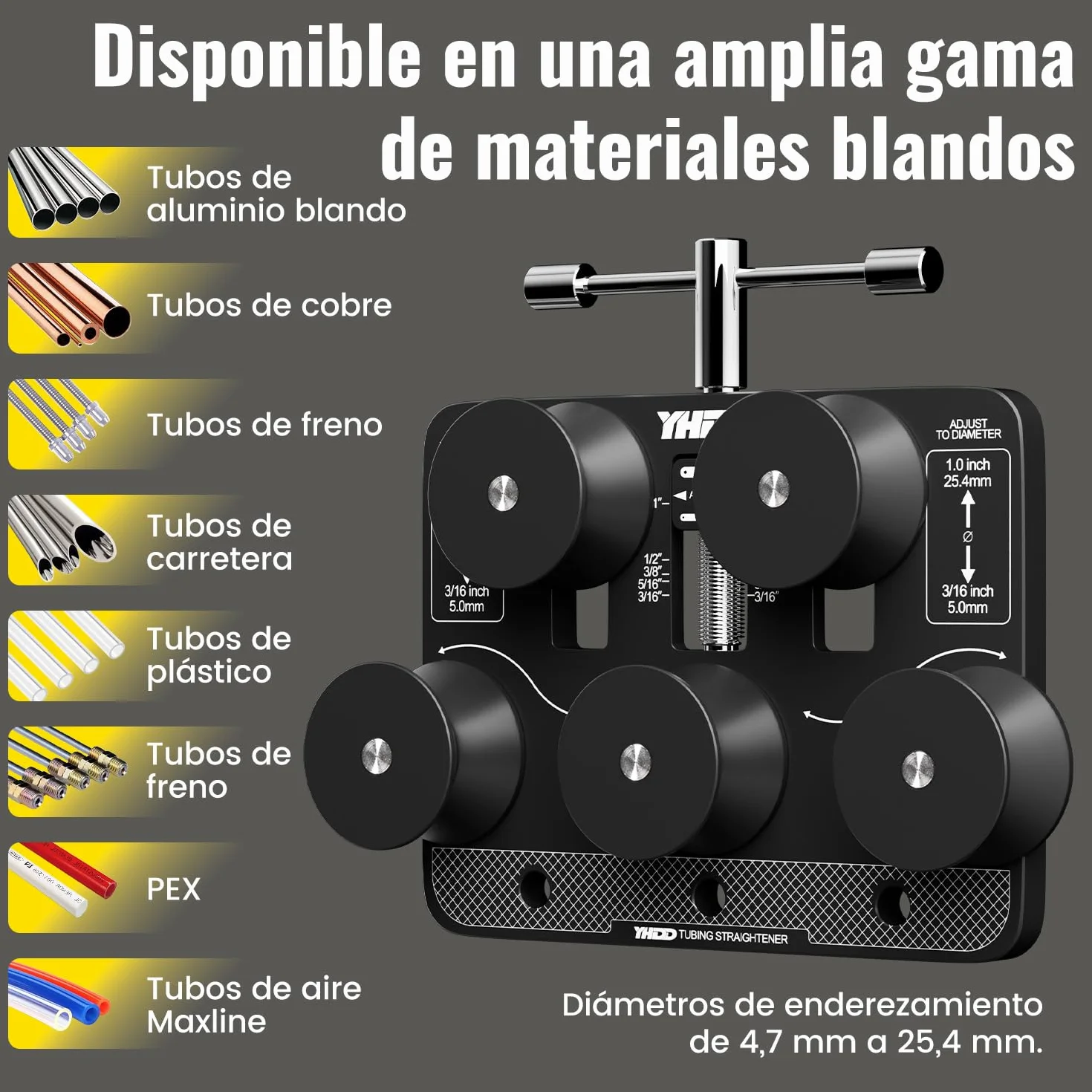 Enderezador de Tubos para Diámetros de 4,7 mm a 25,4 mm, Herramienta Ajustable para Enderezar Tubos de Freno, para Tubos de Cobre, Aluminio, Acero, Tubos Doblados y Líneas de Combustible