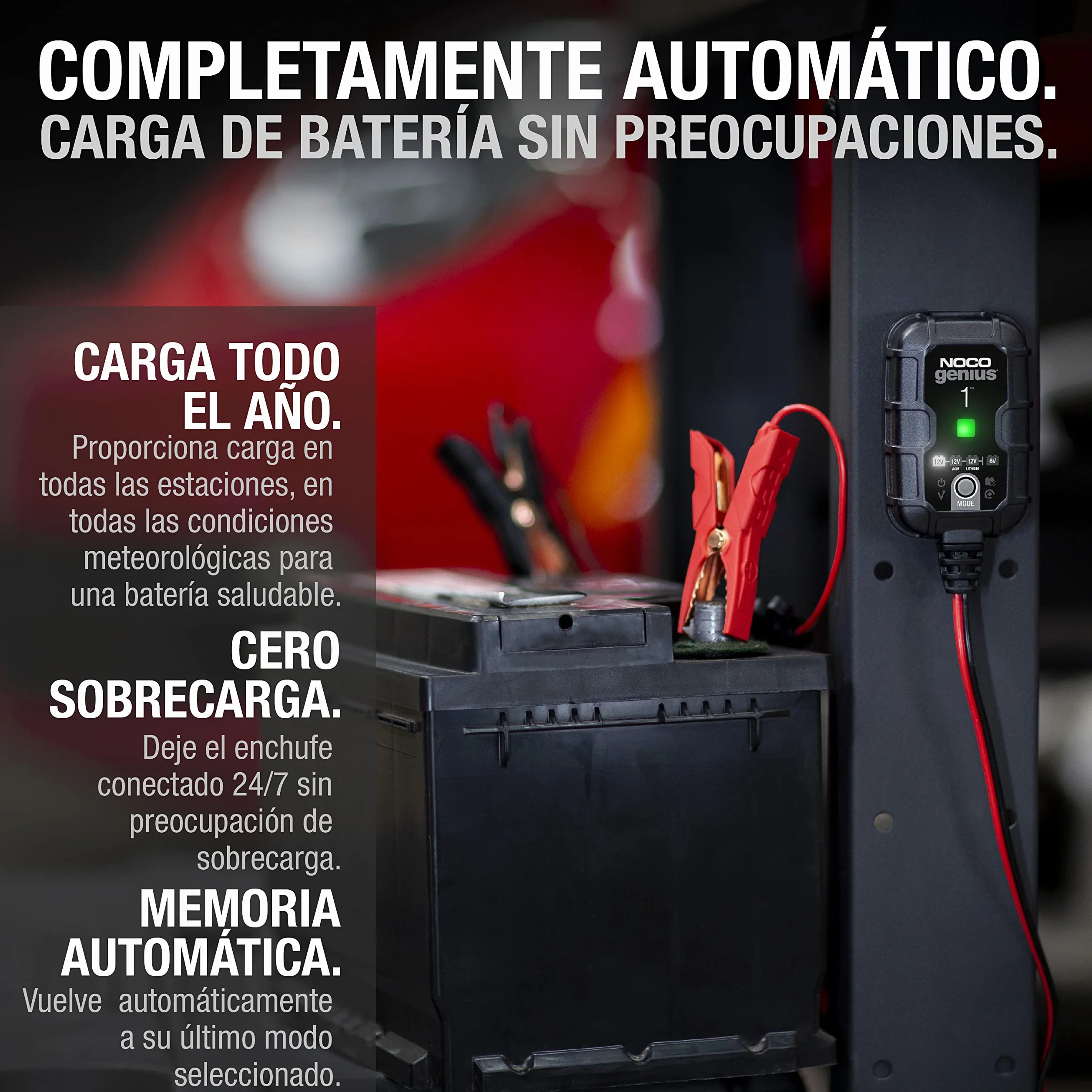 NOCO GENIUS1: Cargador Inteligente de baterías 1A 6V/12V – Mantenedor automático y desulfatador – Protección contra sobrecarga y compensación térmica – para baterías de Plomo y Litio