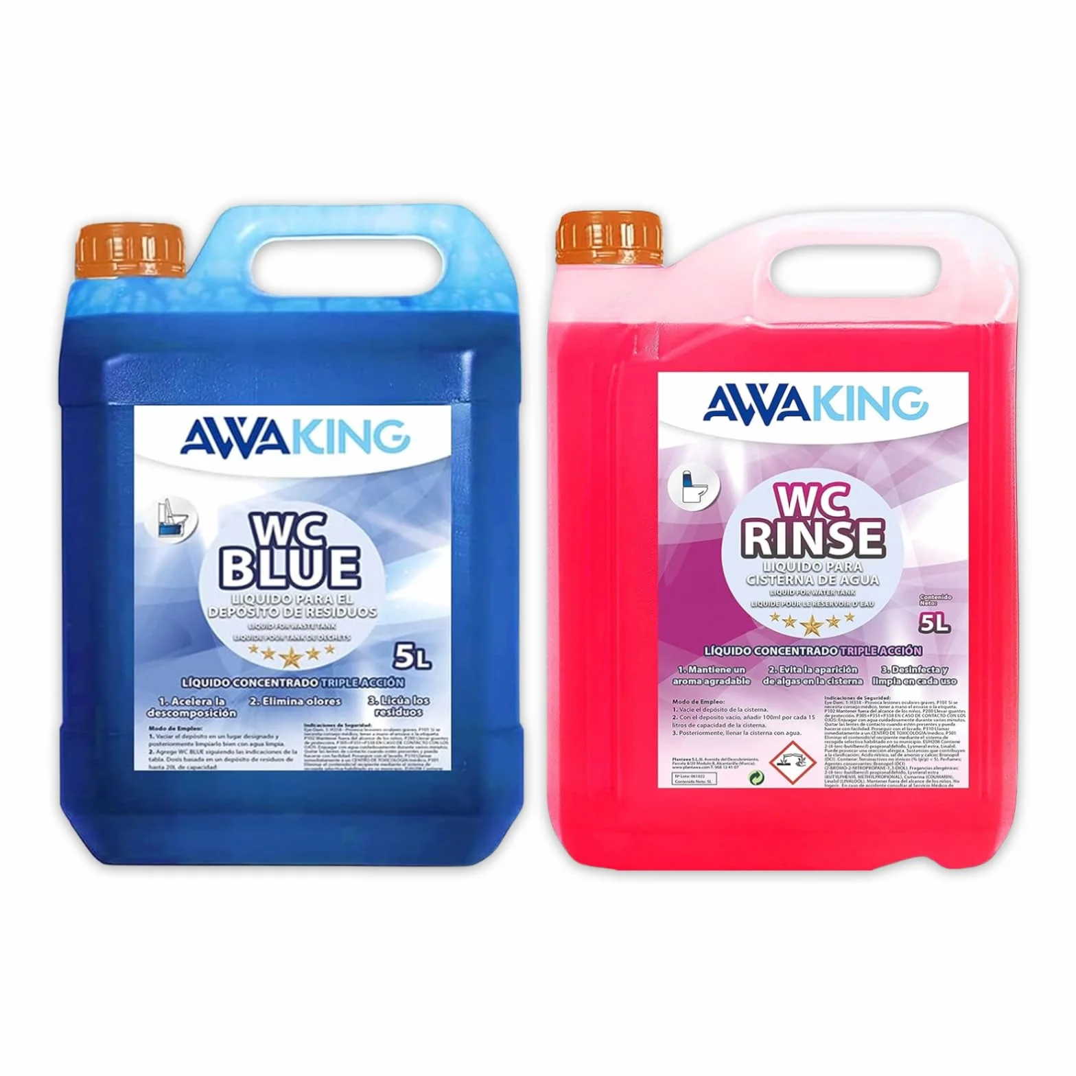 Liquido WC Quimico Caravana WC Blue 5L + Rinse 5L,Liquido Autocaravanas Aditivo Aguas Negras + Concentrado Taza WC Cisterna,Caravanas,Depósito Residuos Autocaravanas,Sanitary Fluid,Líquido Potty