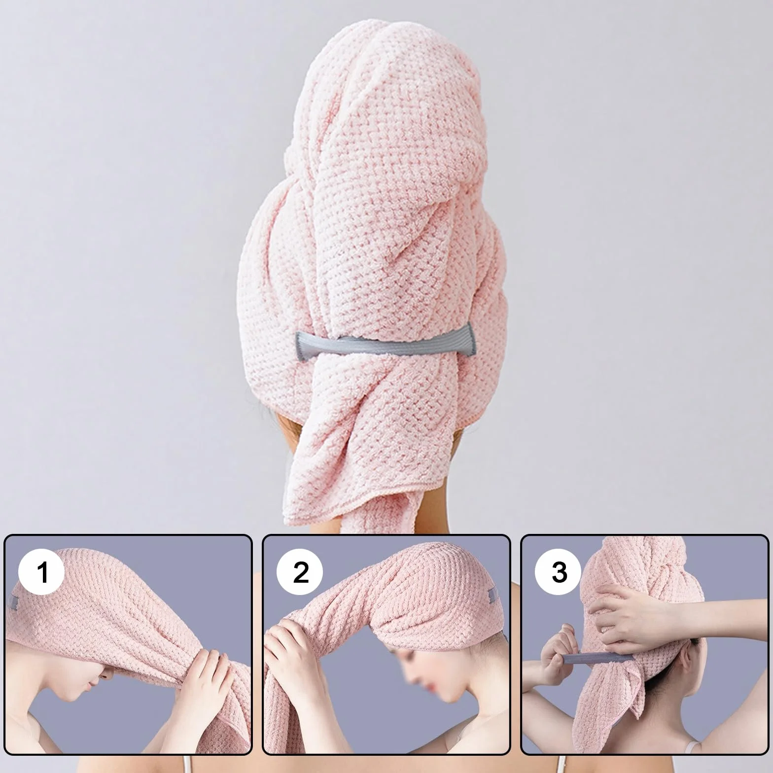 Toalla de Pelo de Microfibra Grande 103 x 60 cm, Turbante de Secado Rápido Superabsorbente con Banda Elástica