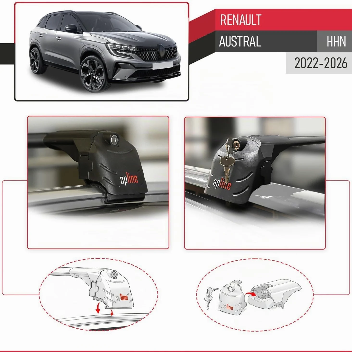 Compatible con Renault Austral (HHN) 2022-2026 Modelo Ace-2 Barra de Techo Auto Portaequipajes Barras Transversales Negro Aluminio 2 Barras