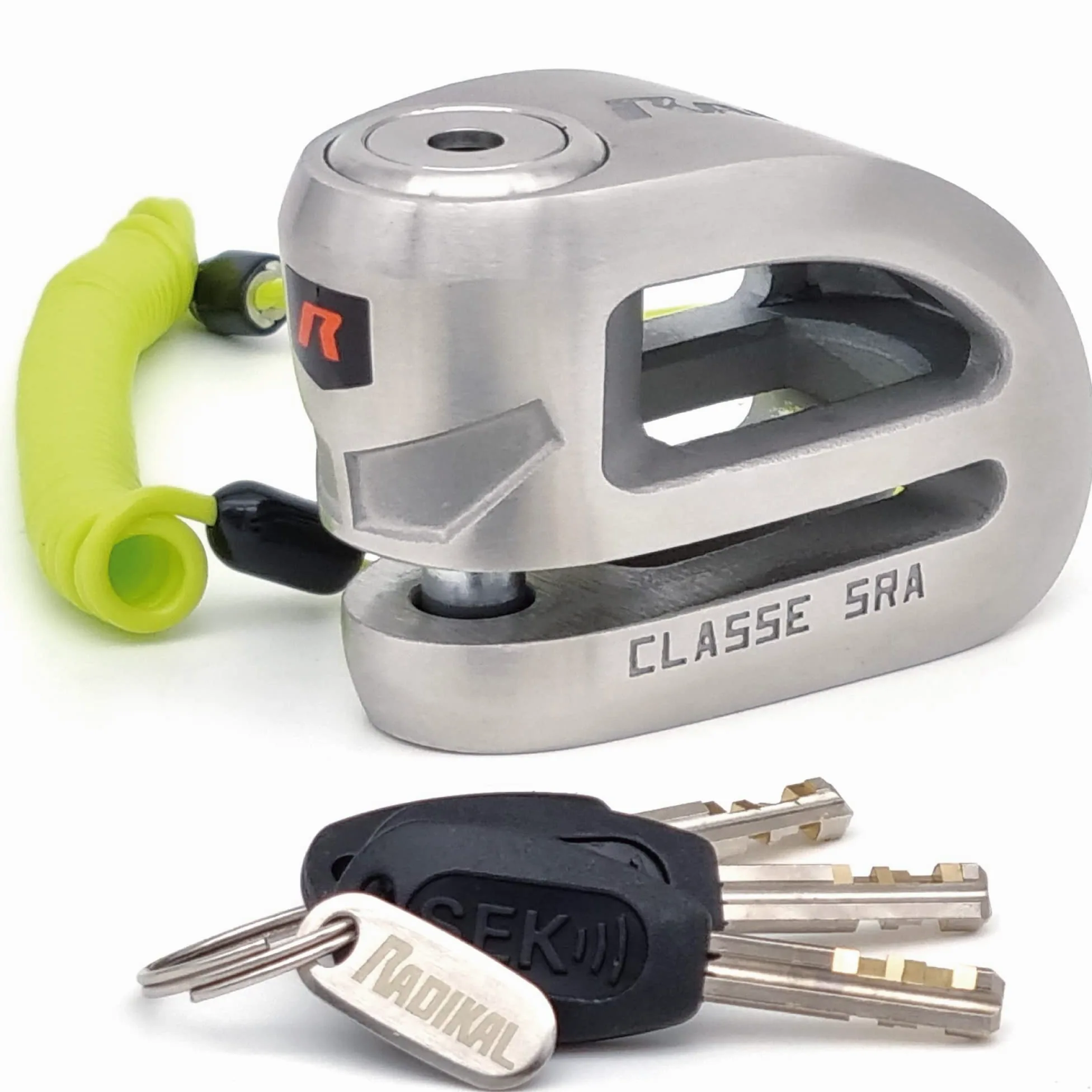 RADIKAL RK310S Candado Moto Premium, Antirrobo Disco Homologado SRA, Testado Doble Bloqueo ø10mm, Exclusivo Diseño Doble Puente, Cerradura Alta Seguridad, Acero Inoxidable, Cepo Pinza Motos y Scooter