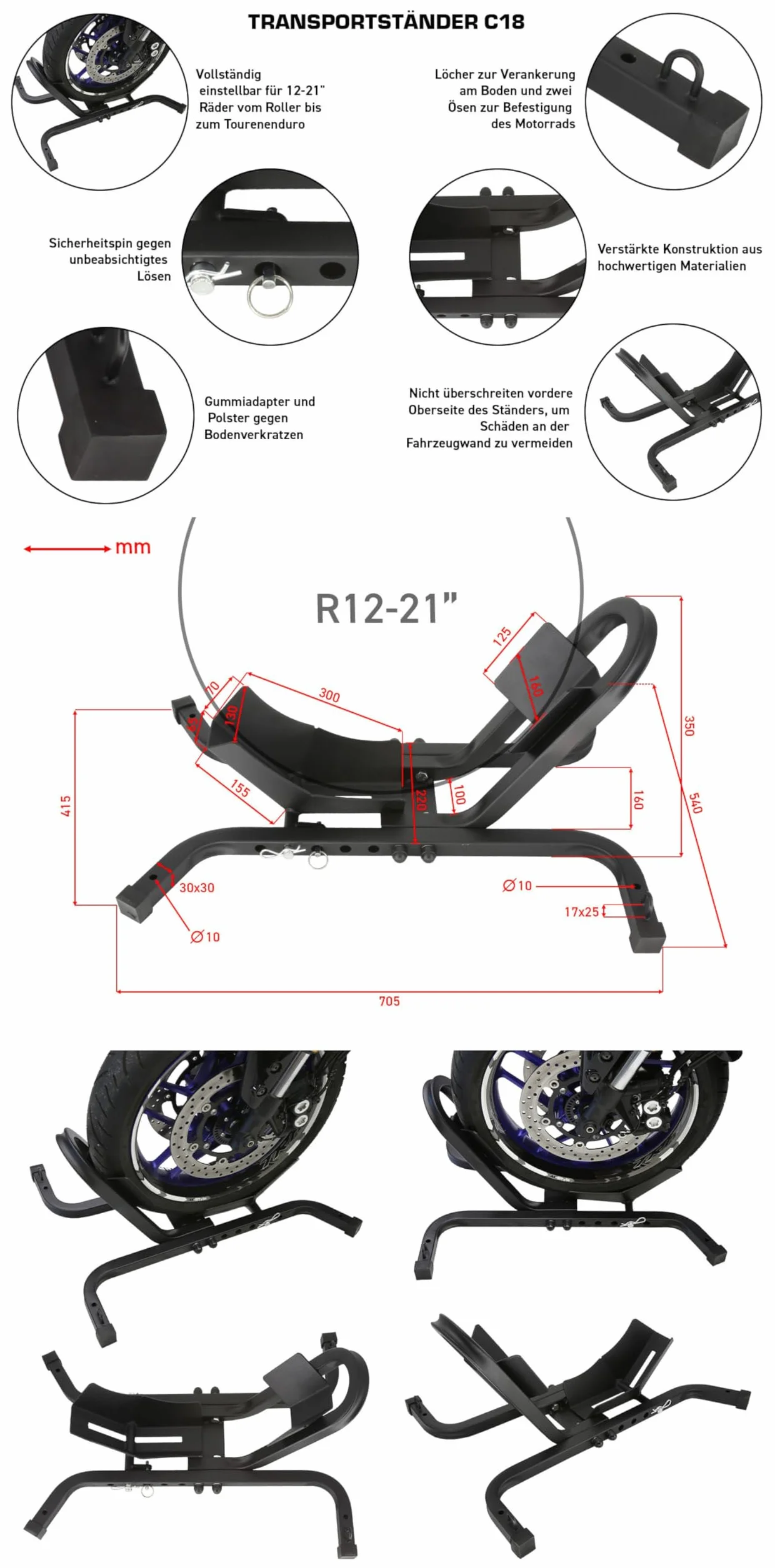 SEFIS C18 Soporte de transporte para motocicleta delantera de motocicleta, balancín de motocicleta, soporte de transporte, para neumáticos delanteros de 12 – 21 pulgadas, soporte de motocicleta