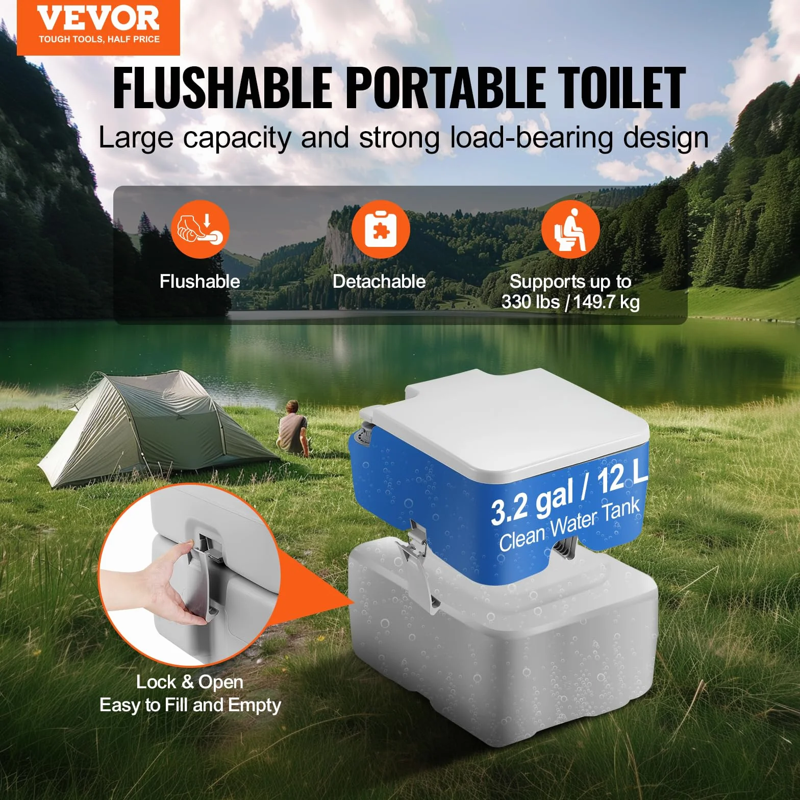 VEVOR Inodoro Portátil para Acampar con Bolsa de Transporte, Tanque de Desechos de 20 L y Tanque de Descarga de 12 L, Presurizado con Botón, a Prueba de Fugas, para Autocaravana, 430 x 340 x 420 mm