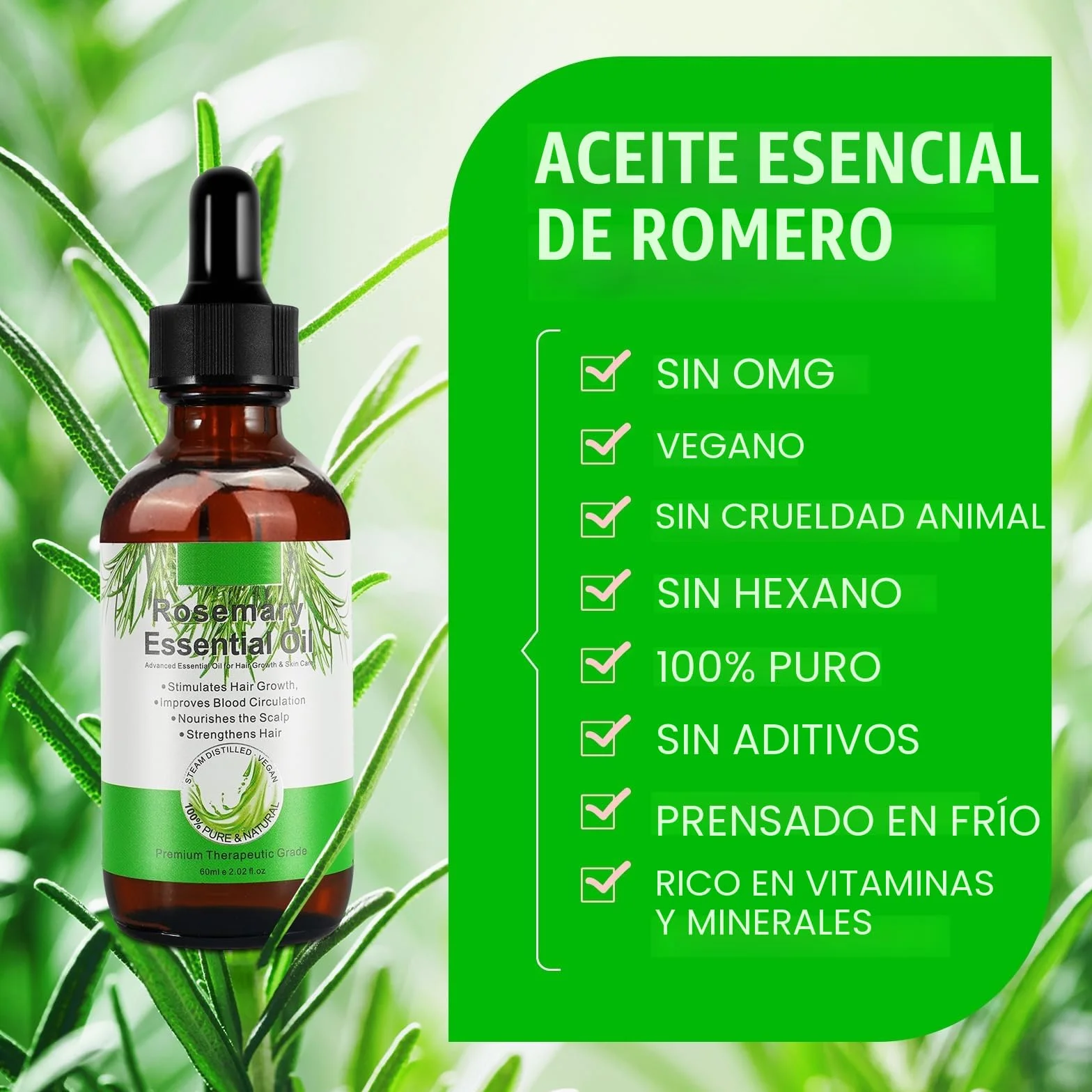 Aceite de Romero 100% puro para Crecimiento del Cabello 60ml con Masajeador de Cuero Cabelludo