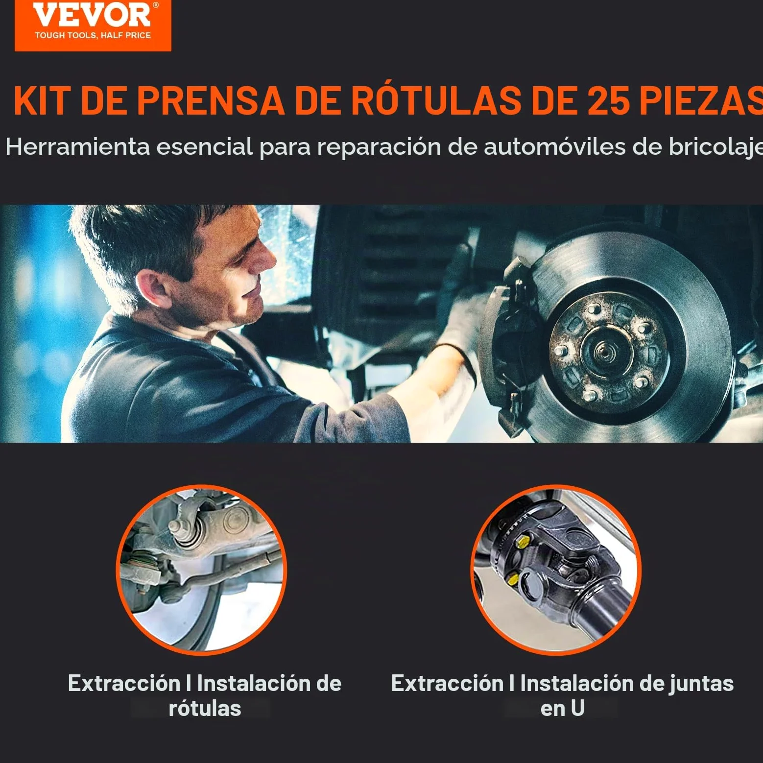 VEVOR Extractor de Rótulas 25 Piezas Extractor de Rótulas de Acero con Adaptadores de Varios Tamaños Kit de Extracción e Instalación de Rótulas U-Joint Pasador de Anclaje de Freno Vehículos 2WD 4WD