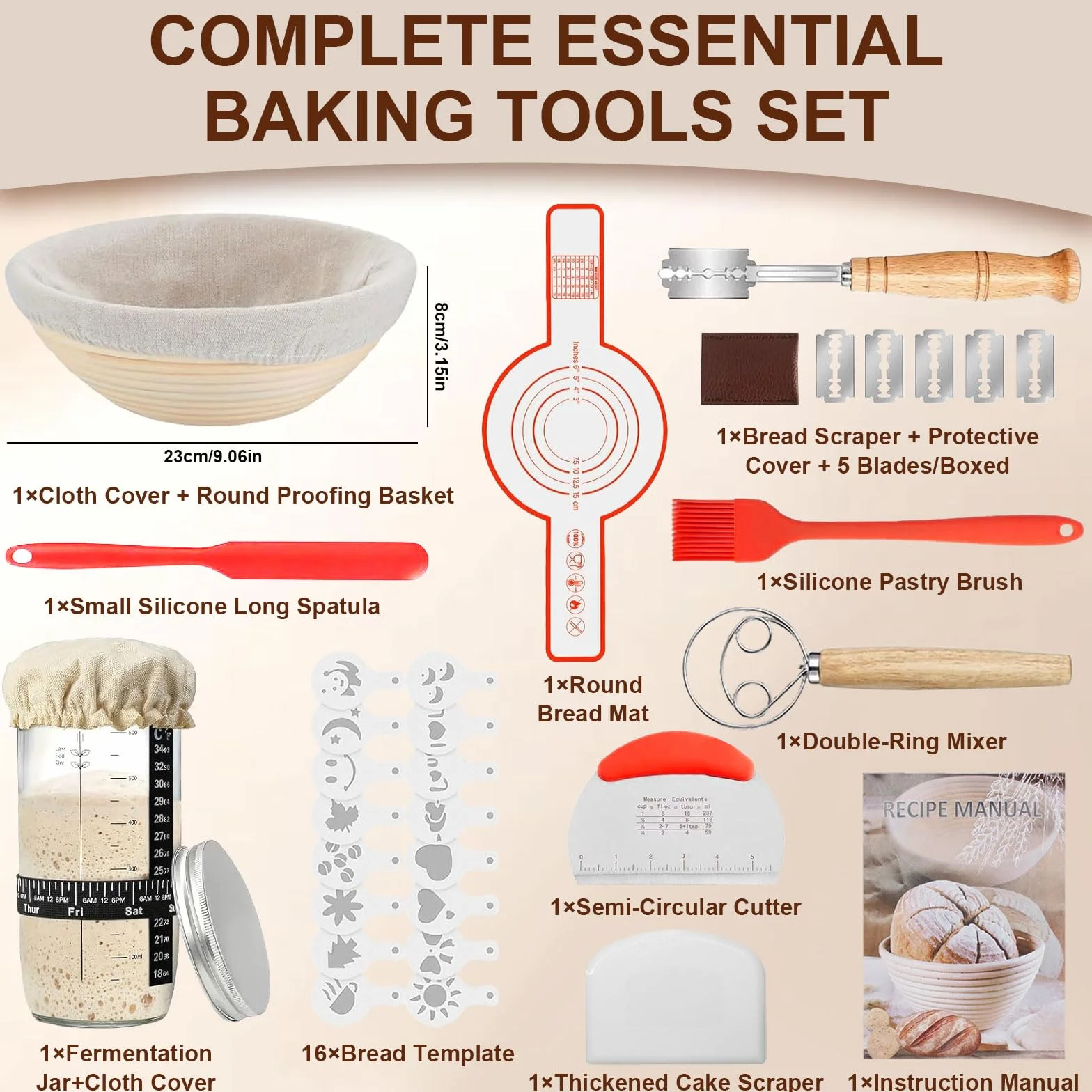 Cesta de Fermentación Pan 23cm Ovalado 25 Piezas Kit Completo Banetones de Caña Natural para Masa Madre