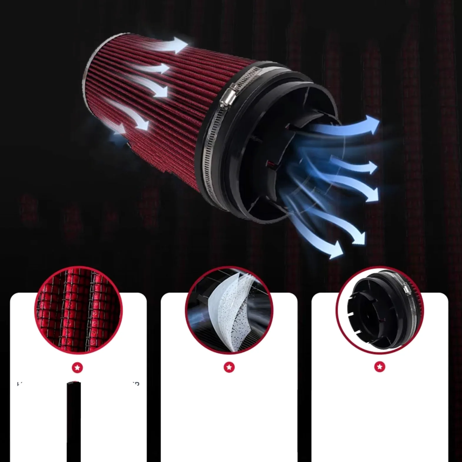 4 Pulgadas 102 Mm Universal Flujo Seco Filtro Aire Coche Tipo Seta filtro de aire motor | Piezas de modificación del motor de coche del filtro de entrada de aire principal(Black)