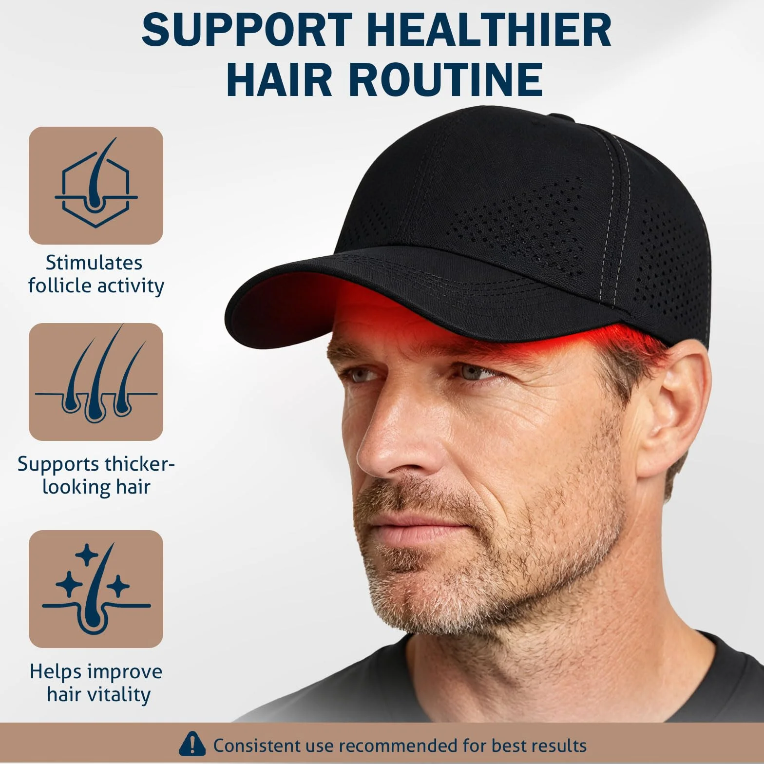 iKeener Gorra de Crecimiento del Cabello Roja, Transpirable Desmontable 3 Luces 460nm 650nm 850nm 20 Mins Timer