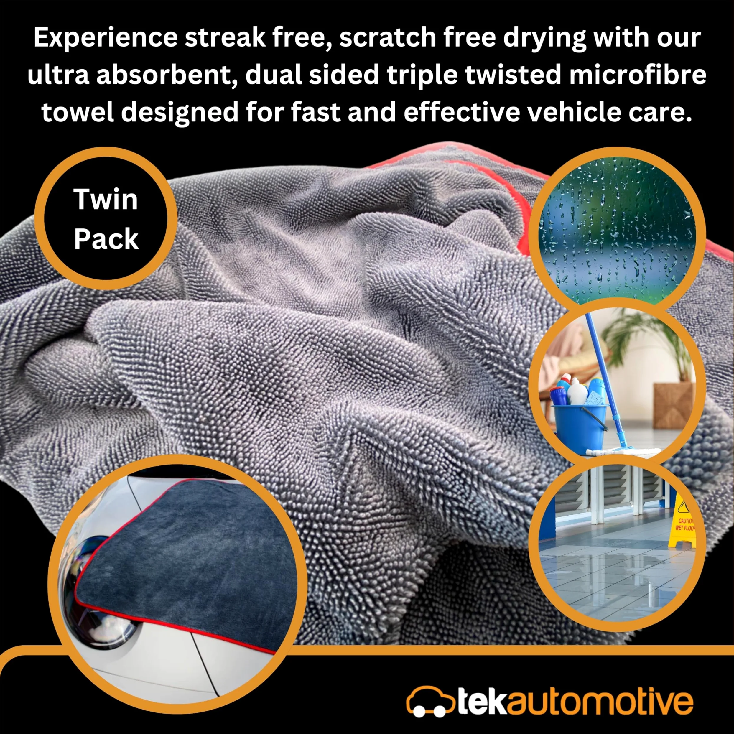 Tek Automotive Paquete de 2 toallas de secado de microfibra de triple torsión, ultra absorbentes, sin arañazos, extra grandes, 90 x 75 cm, toalla de secado de coche para limpieza, detalles y pulido