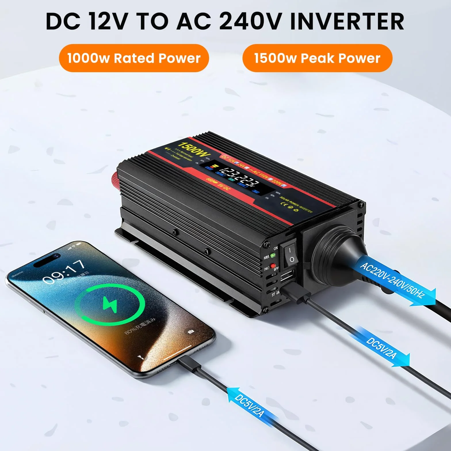 1500W Convertidor 12V 220V Transformador 12V A 220V Convertidor De Corriente, 1 Toma De Corriente Y 2 Puertos USB para AutomóViles, VehíCulos, Caravanas, Camiones