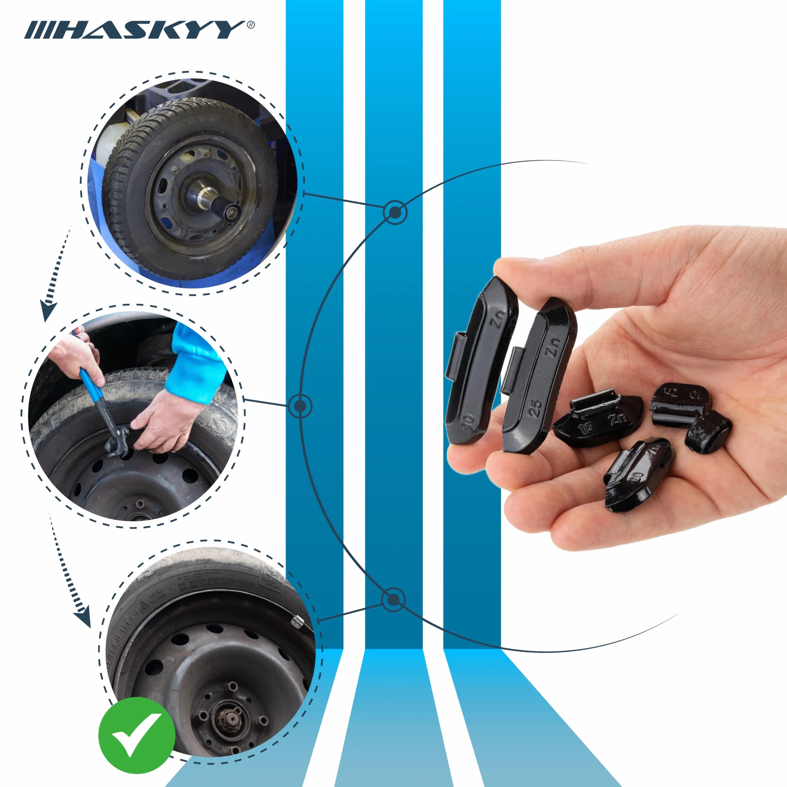 HASKYY Contrapesos de percusión, contrapesos de equilibrio, surtido de 225 unidades de 5-30 g para llantas de acero, negro