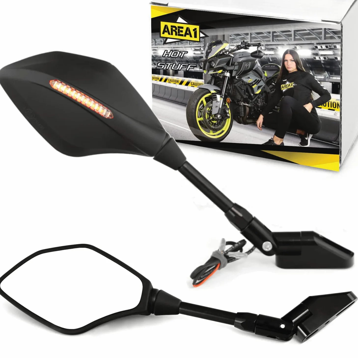 Area1 Espejo de motocicleta"LEDS", incluye intermitente, certificado E, soporte deportivo (27 – 52 mm) (LEDS)