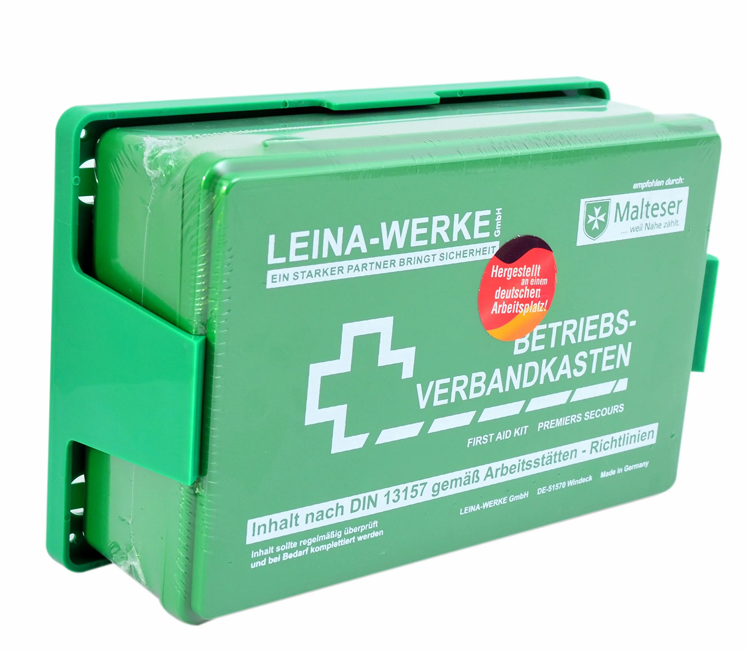 Maleta de primeros auxilios DIN13157 verde con soporte, fabricado en Alemania, recomendado por Malteser