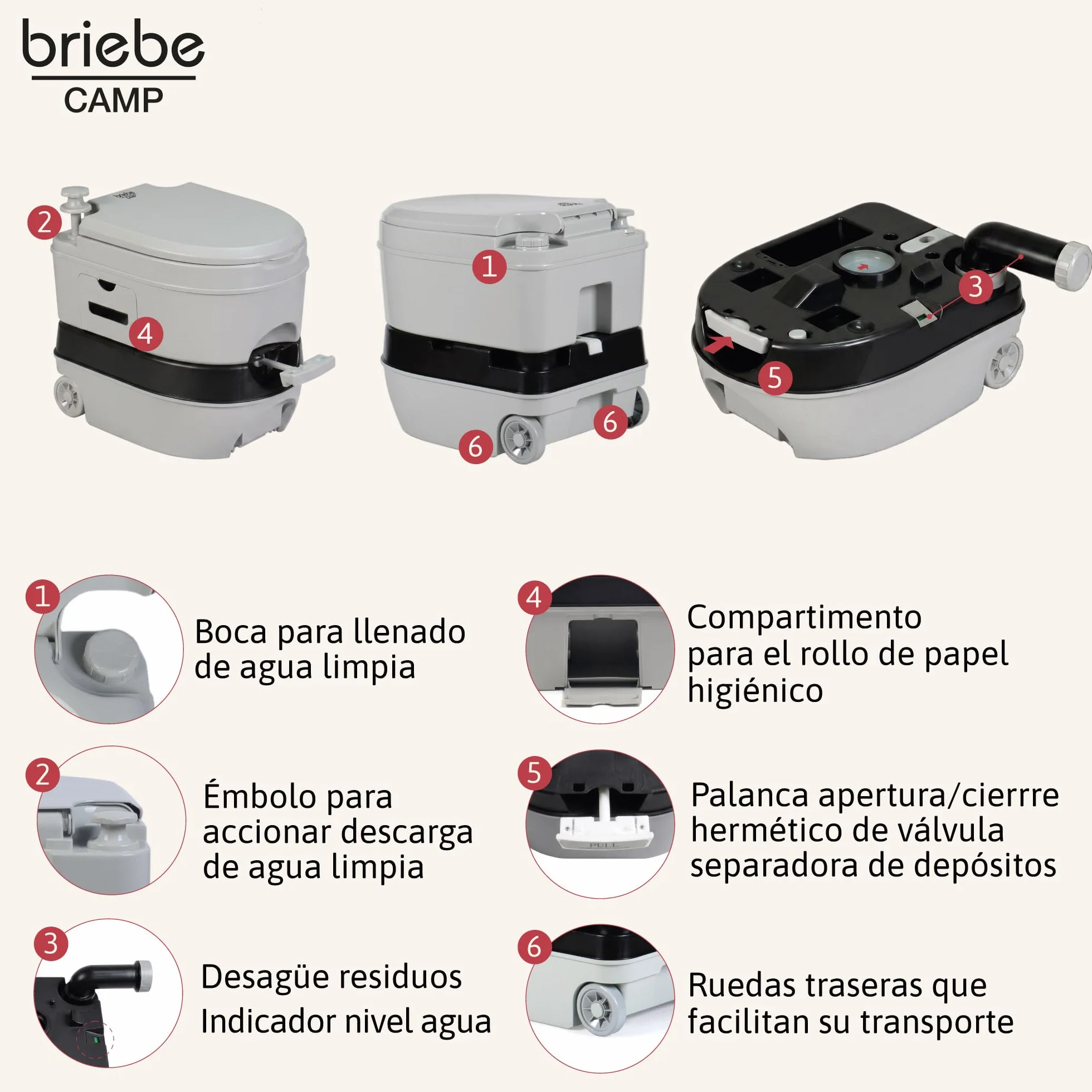 briebe Camp WC Inodoro Portátil Químico con Ruedas Adultos Potty 24L Camping, Camper, Auto Caravana, Water con Cisterna Descarga Agua 20L, Válvula Drenaje sin Fugas, Fácil Limpiar y Vaciar WC1196G