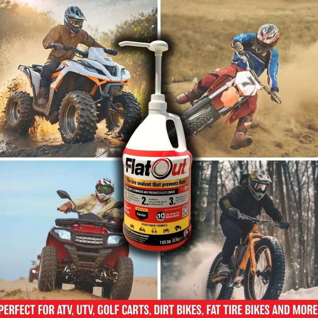 FlatOut Sellador de neumáticos fórmula Sportsman – con herramienta de núcleo de válvula y núcleo de válvula de repuesto, evita neumáticos planos, sella fugas, contiene Kevlar, 1 galón con herramienta