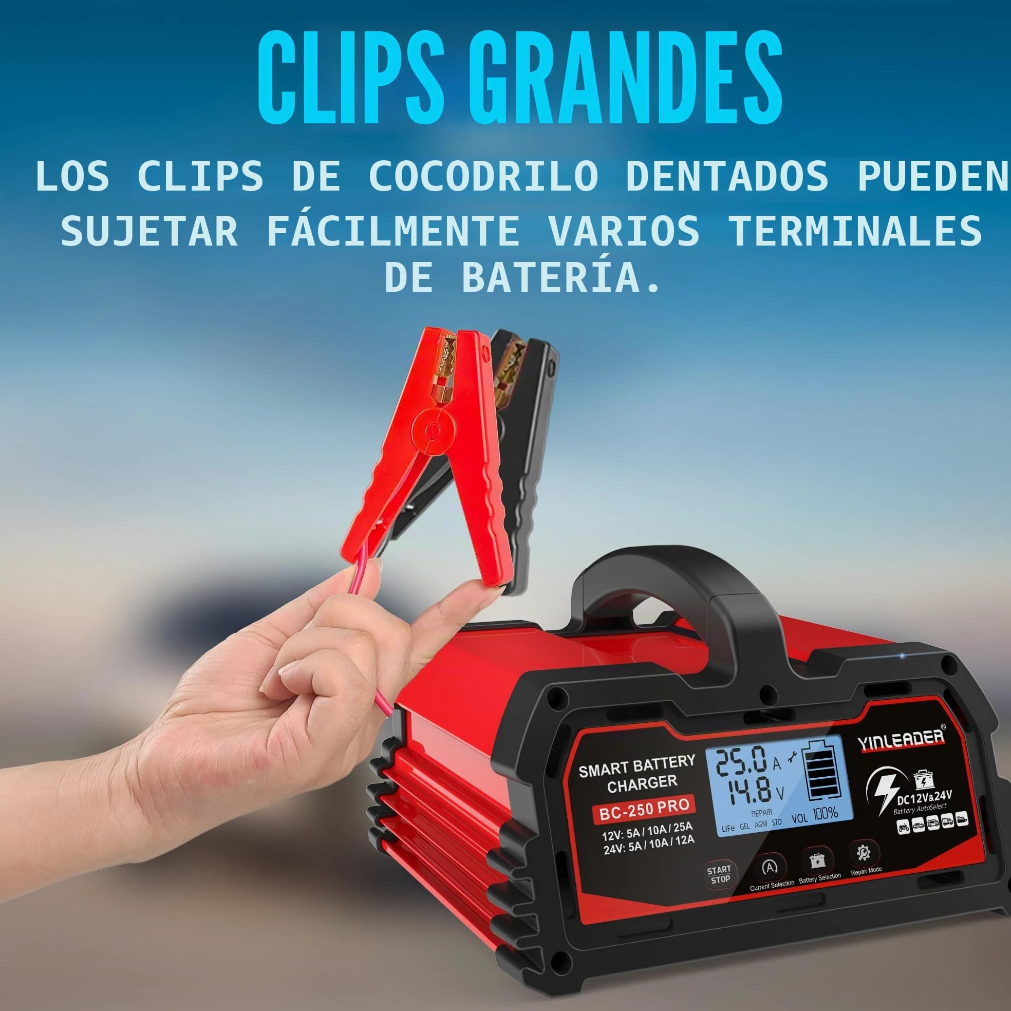Yinleader Cargador de batería para automóvil 25A 12V/24V 12A/10A/5A Cargador de batería para automóvil Cargador Inteligente con Pantalla LCD, para batería de 12V LiFePO4