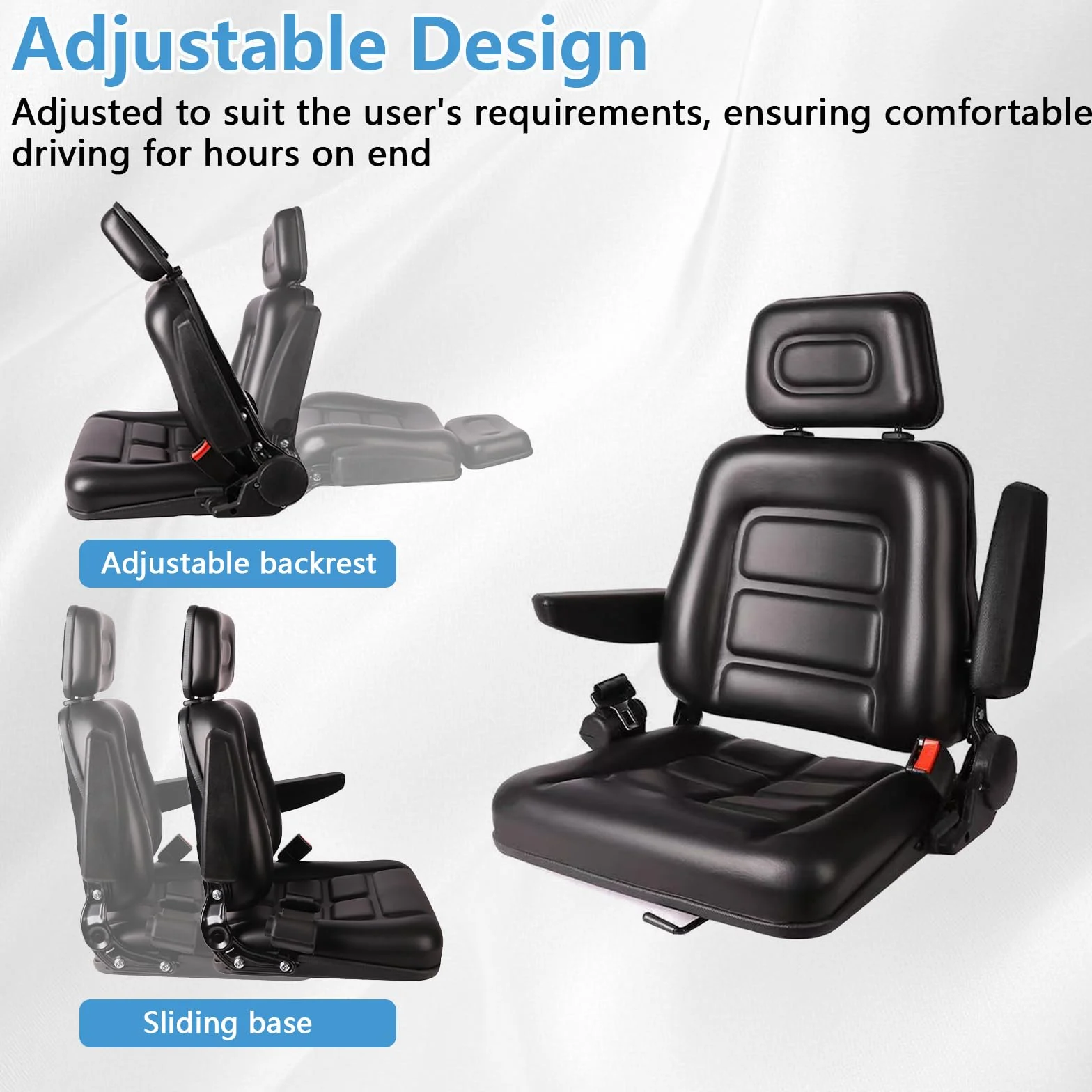 Asiento universal para tractor, asiento plegable para carretilla elevadora con respaldo ajustable y cinturón de seguridad, reposacabezas ajustable en 3 posiciones, reposabrazos plegables y rieles