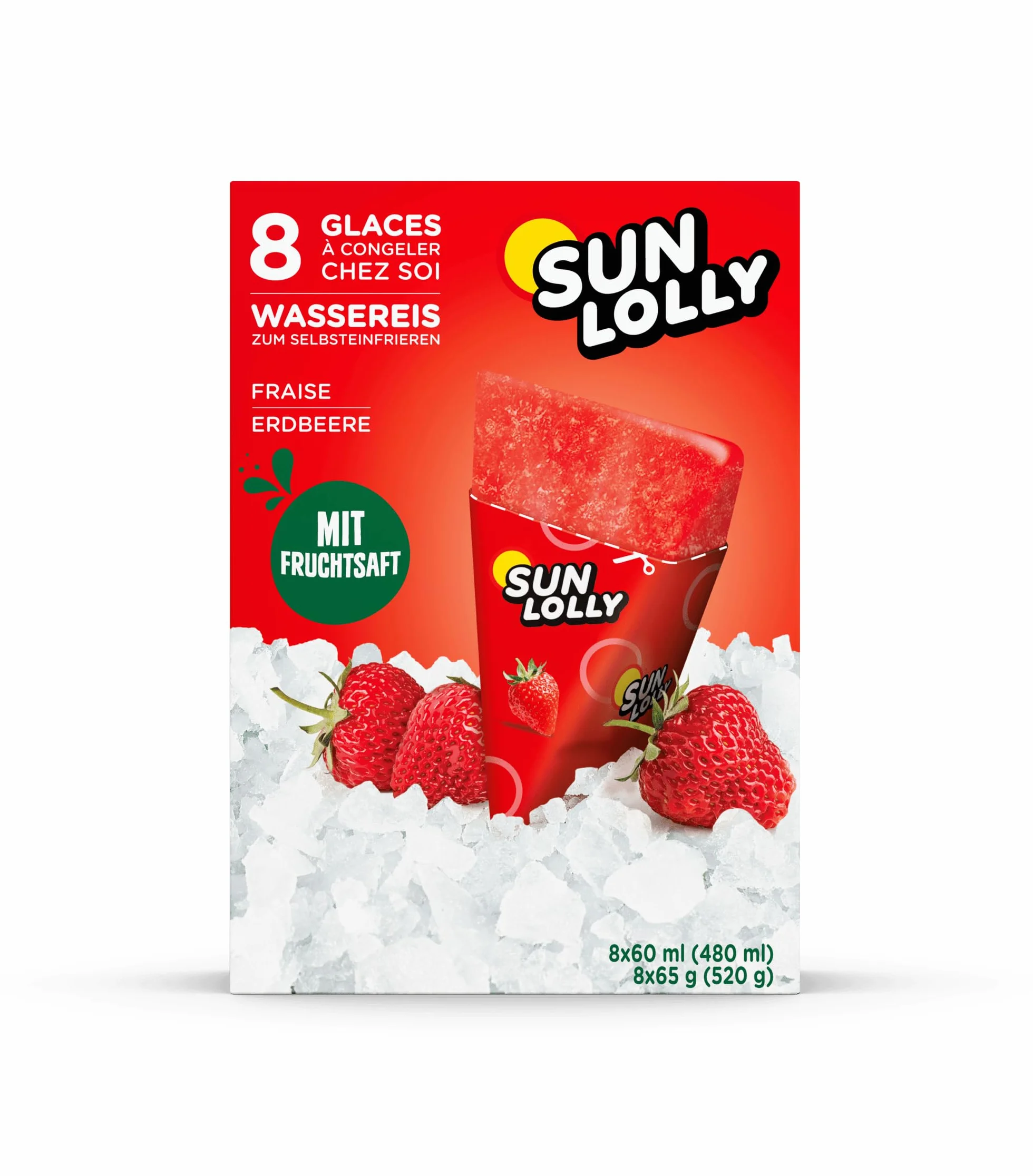 Sun Lolly Helados de agua Fresa 8 piezas 480 ml Sin lactosa Sin gluten