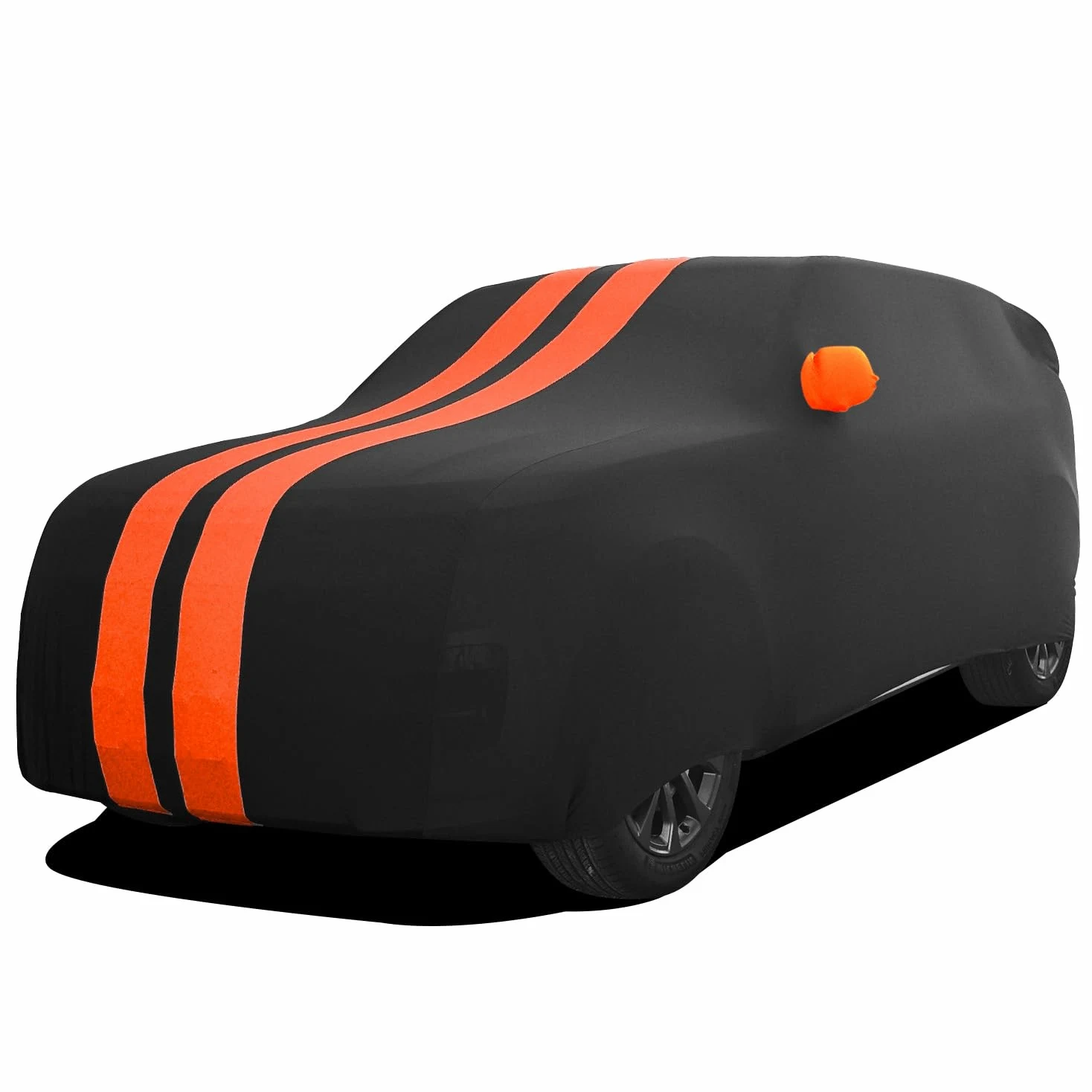 TECTICO Funda Coche Interior Completa SUV 4,75-5,1m Elástica Transpirable Stretch y Suave Antipolvo Protectora Universal, Ideal para Garaje, Subterráneo y Exhibición, Negro+Naranja