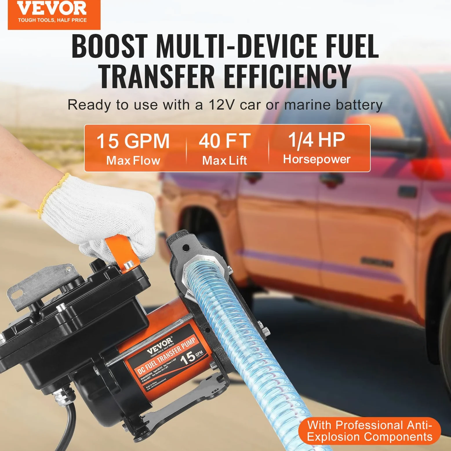 VEVOR Bomba Transferencia de Combustible 12V CC 15 GPM 1/4 HP Bomba de Transferencia de Diésel Eléctrica Portátil con Boquilla de Combustible Apagado Automático para Mezclas de Gasolina, Diésel