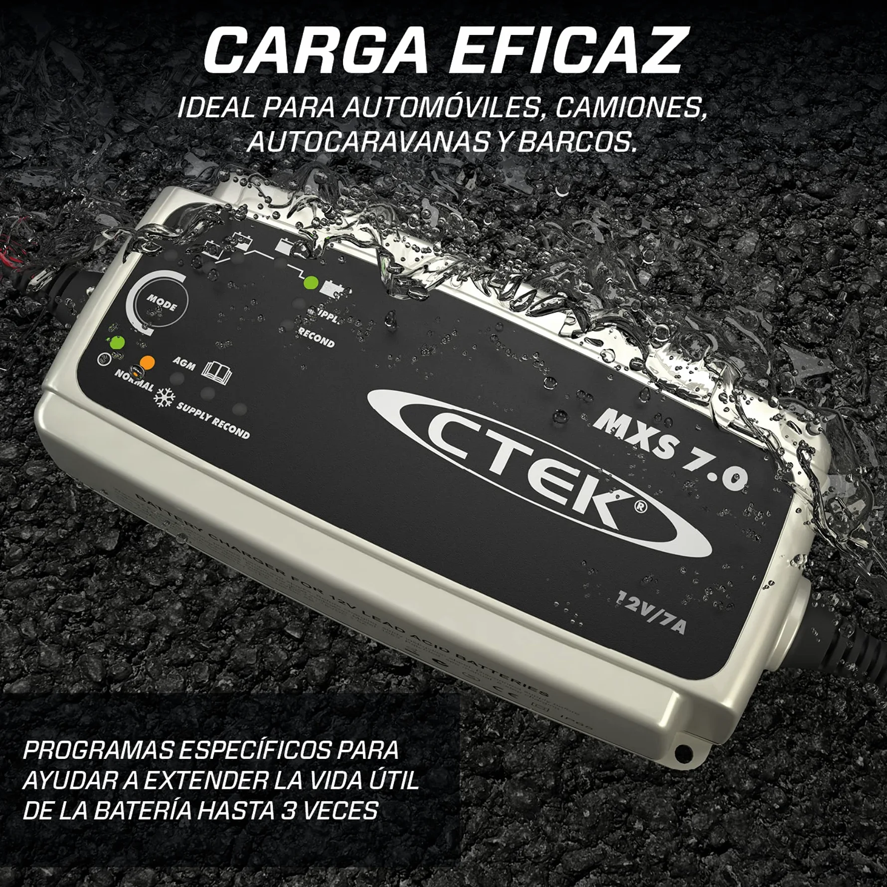 CTEK MXS 7.0 Cargador Batería 12V 7A, para Baterías De Vehículos Más Grandes, Barco, Camión, Caravana Y Vehículo De Recreo, Desulfatador De Batería con Función De Alimentación Y Opción AGM Dedicada