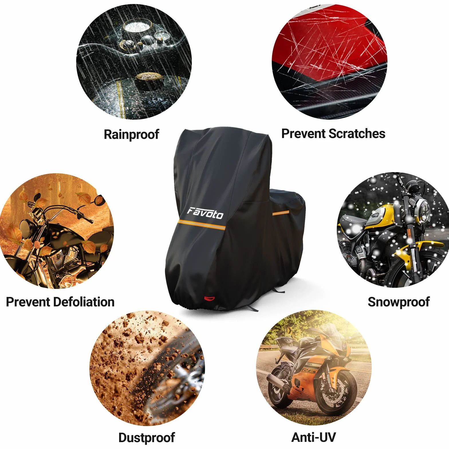 Favoto Funda para Moto Cubierta de Motocicleta 210D Oxford con Parabrisas Alto Tiras Reflectantes, Resistente a Agua Polvo Lluvia Viento Excrementos de Pájaros, 245x105x160cm Negro