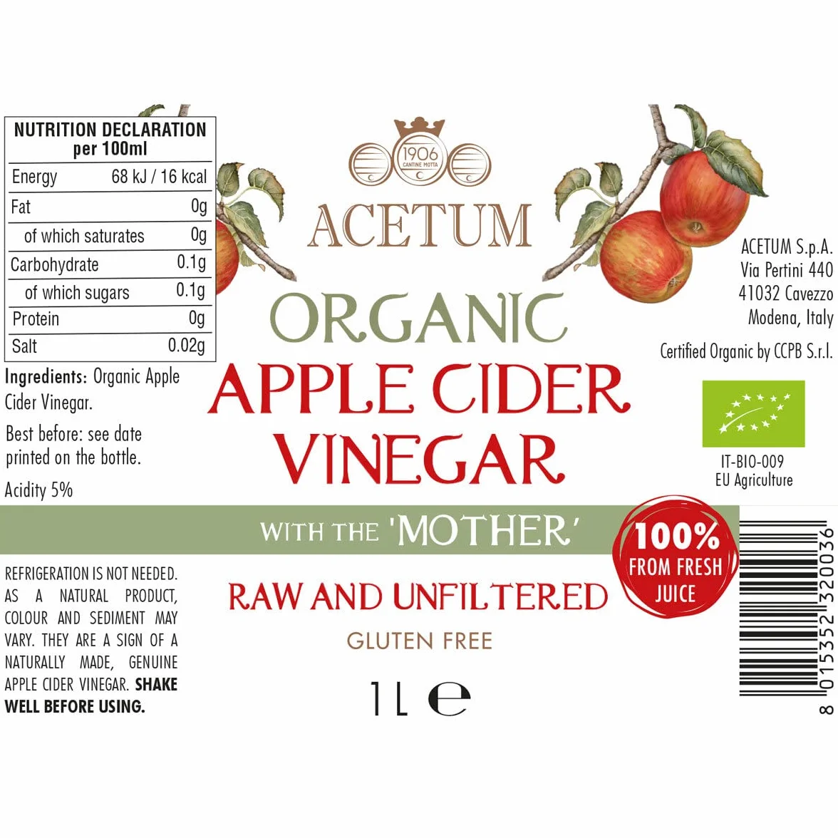 Vinagre Sidra de Manzana con Madre Ecológico Orgánico Sin Filtrar Sin Pasteurizar 2L (2x1L)