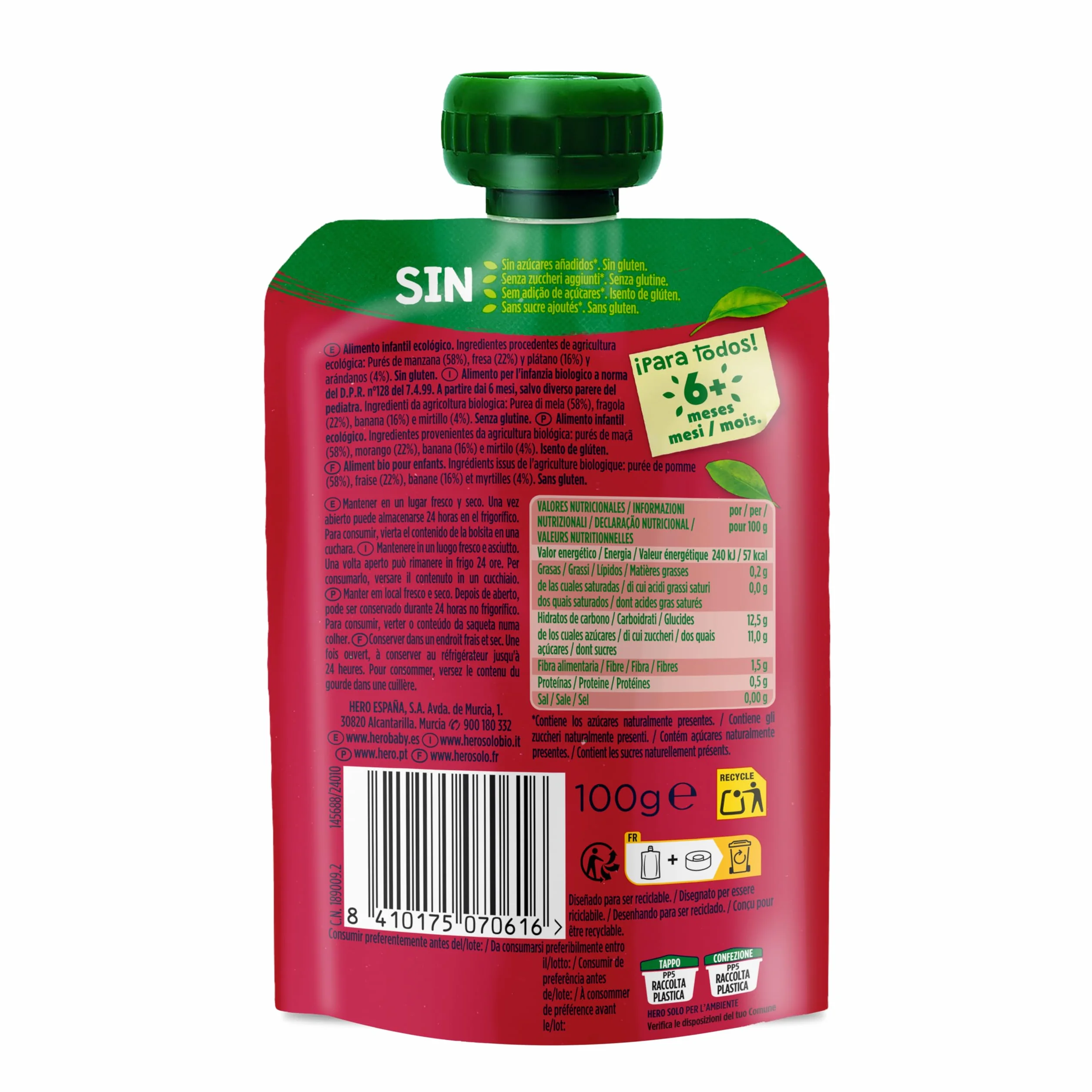 Hero Solo Bolsitas Ecológicas Manzana Fresa Plátano Arándanos 18x100g