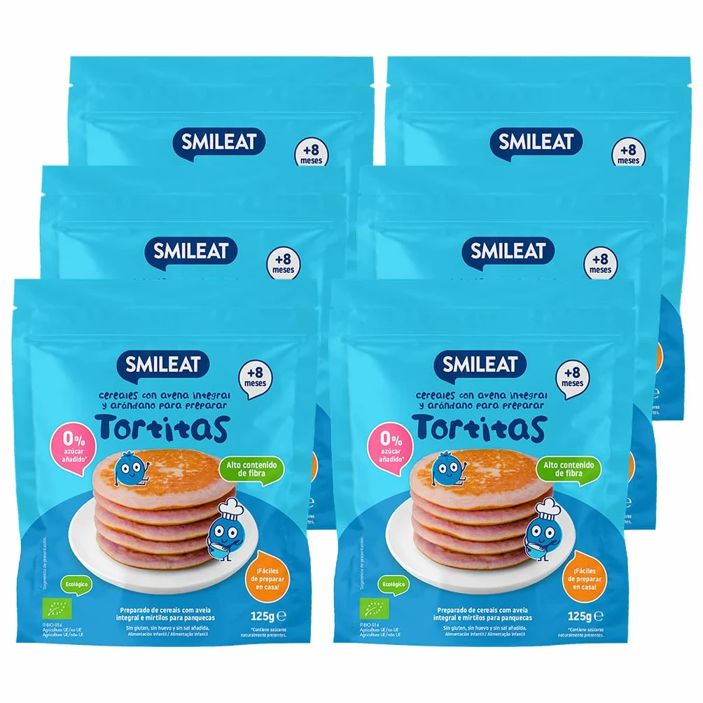 Smileat Preparado para Tortitas de Avena Integral y Arándano 125g Pack 6 Sin Azúcar Añadido Vitamina B1