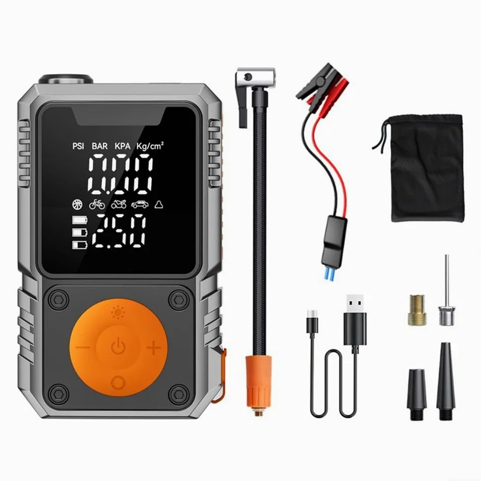 Arrancador portátil de batería de coche con compresor de aire de 150 PSI inflador de neumáticos para vehículo, motocicleta, bicicleta, banco de energía con pantalla LCD y luz LED (4 x 1500