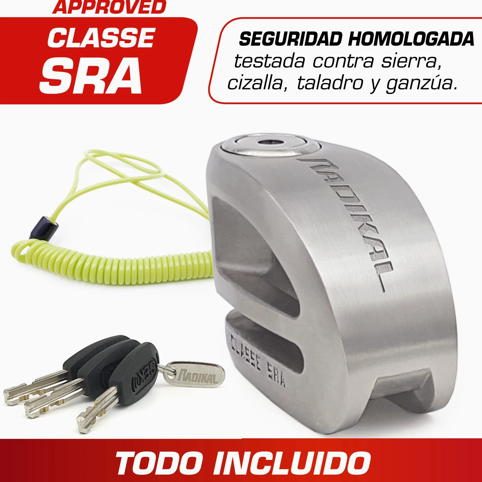 RADIKAL RK310S Candado Moto Premium, Antirrobo Disco Homologado SRA, Testado Doble Bloqueo ø10mm, Exclusivo Diseño Doble Puente, Cerradura Alta Seguridad, Acero Inoxidable, Cepo Pinza Motos y Scooter