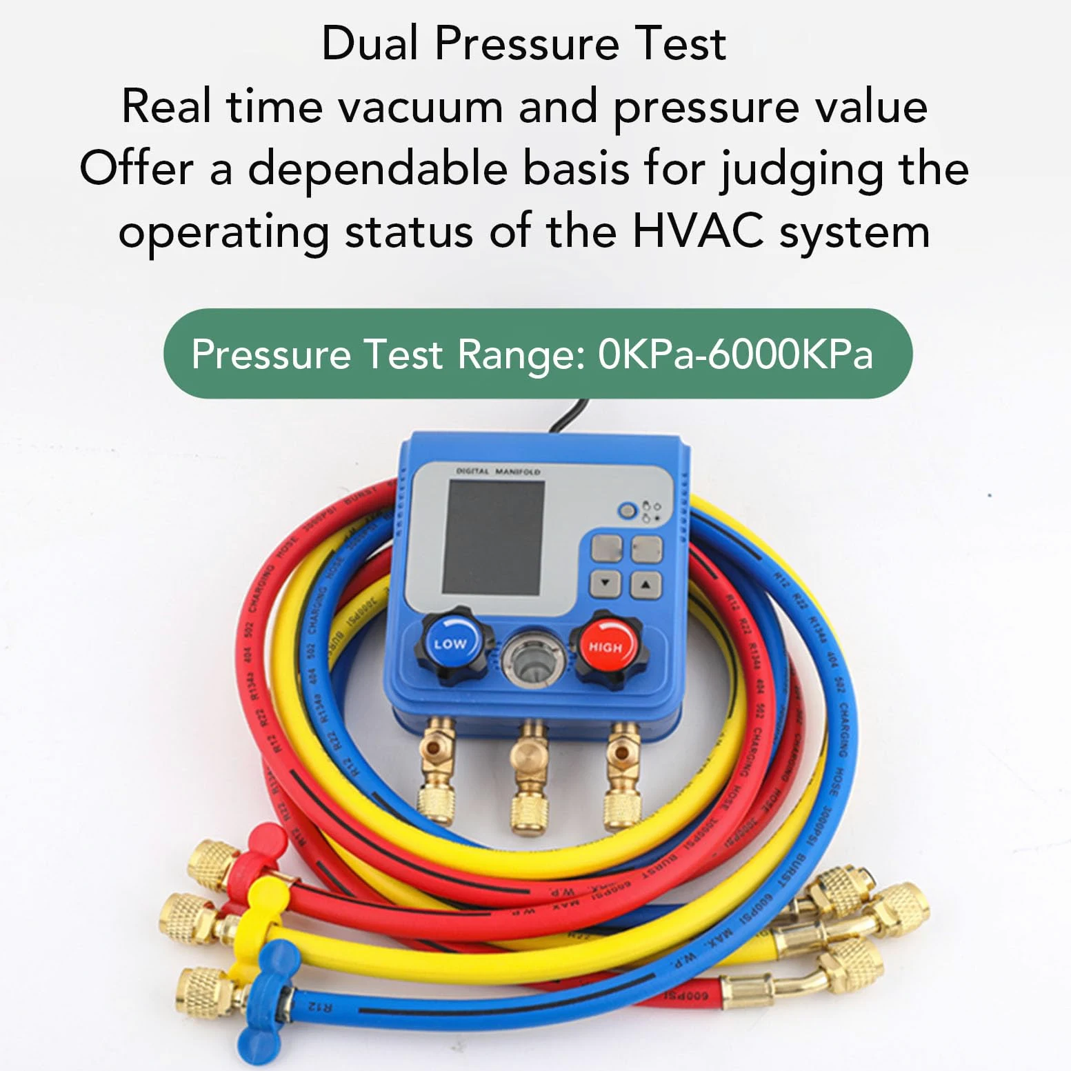 Keenso Manómetro Digital de Colector HVAC con Pantalla Dual para Pruebas de Presión y Comprobación de Vacío Precisas, Adecuado para Profesionales de HVAC, Mide 0-6000 KPa